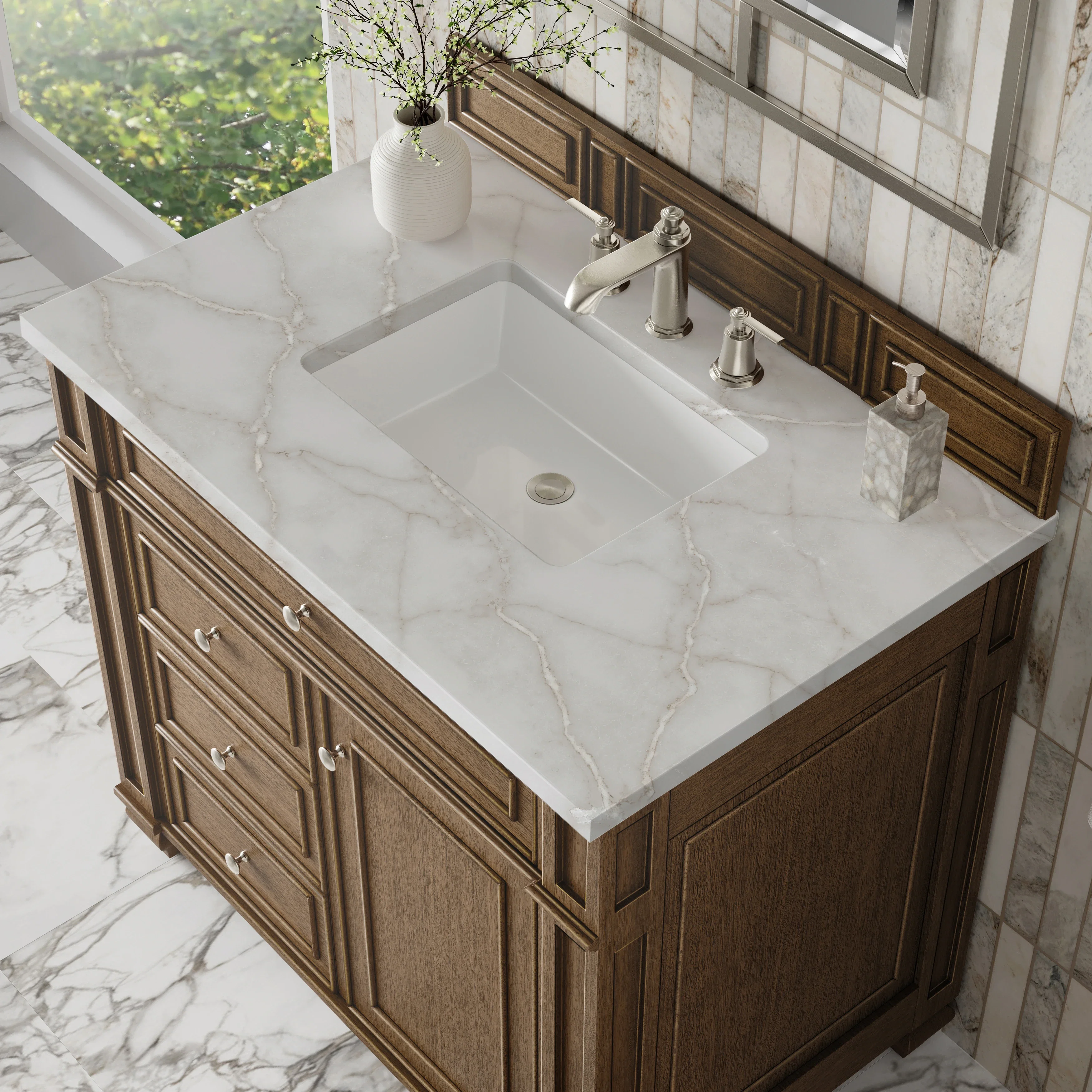 Bristol 36" Single Vanity, Saddle Brown w/ 3 CM Victorian Silver Silestone Top
