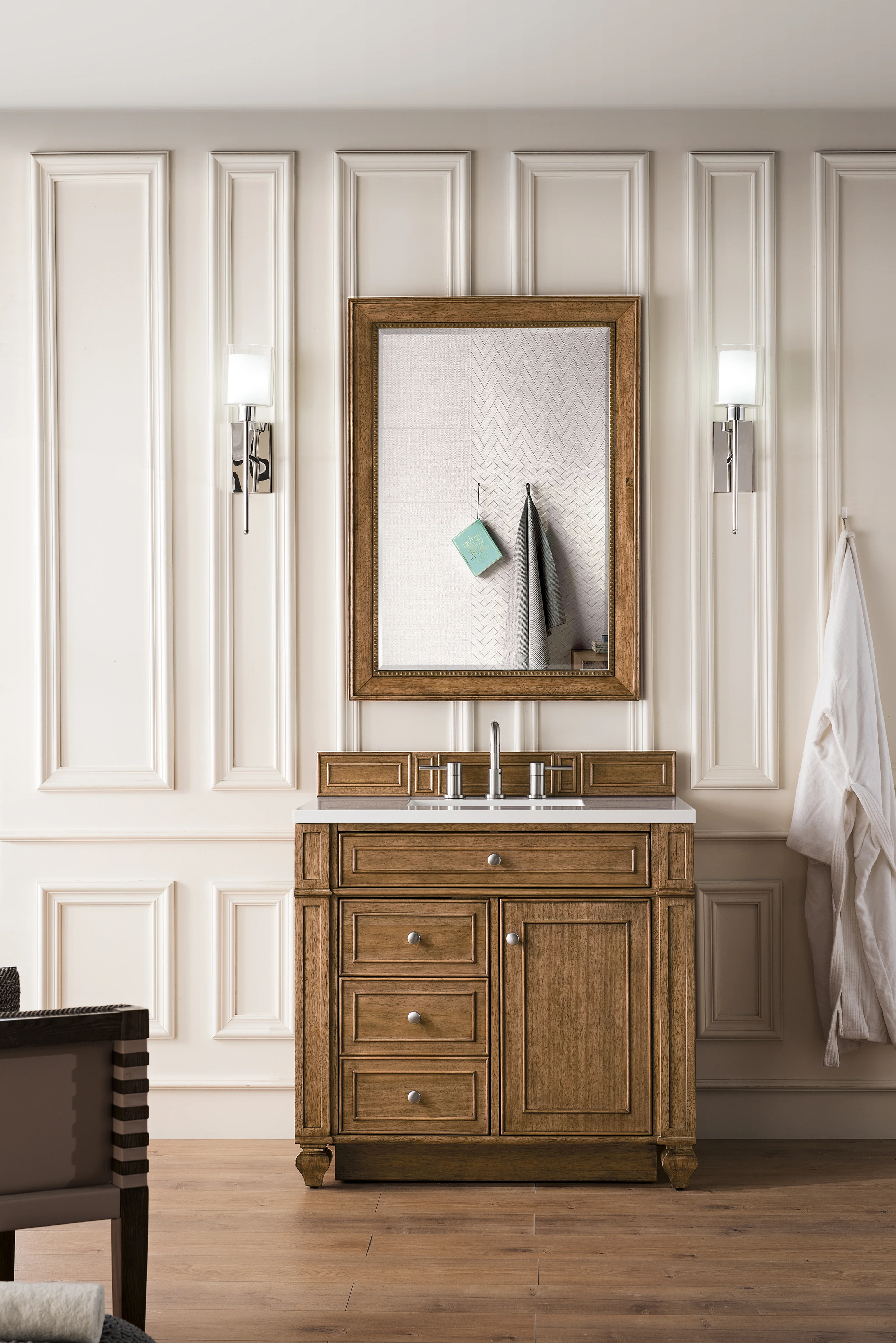 Bristol 36" Single Vanity, Saddle Brown w/ 3 CM White Zeus Silestone Top