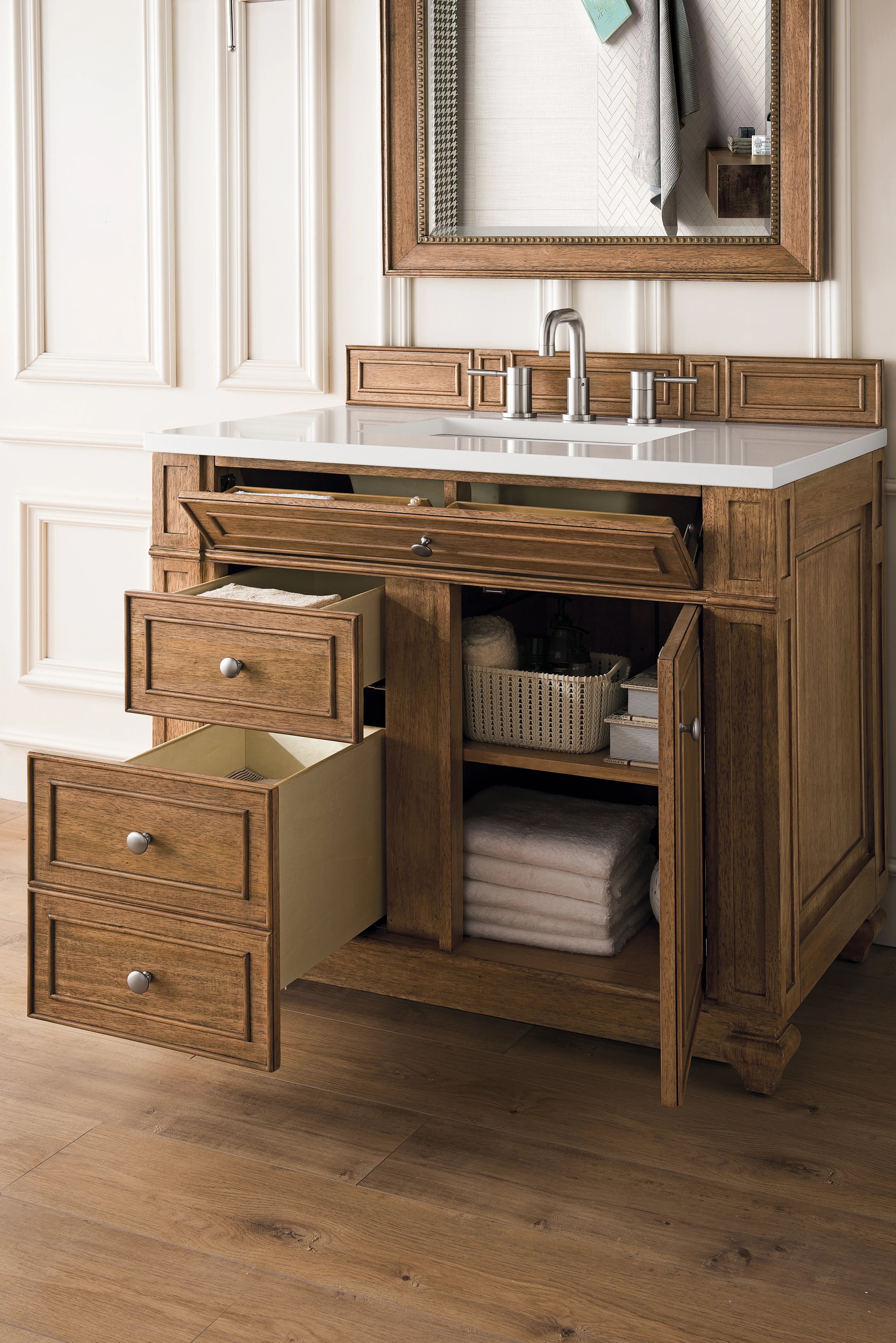 Bristol 36" Single Vanity, Saddle Brown w/ 3 CM White Zeus Silestone Top