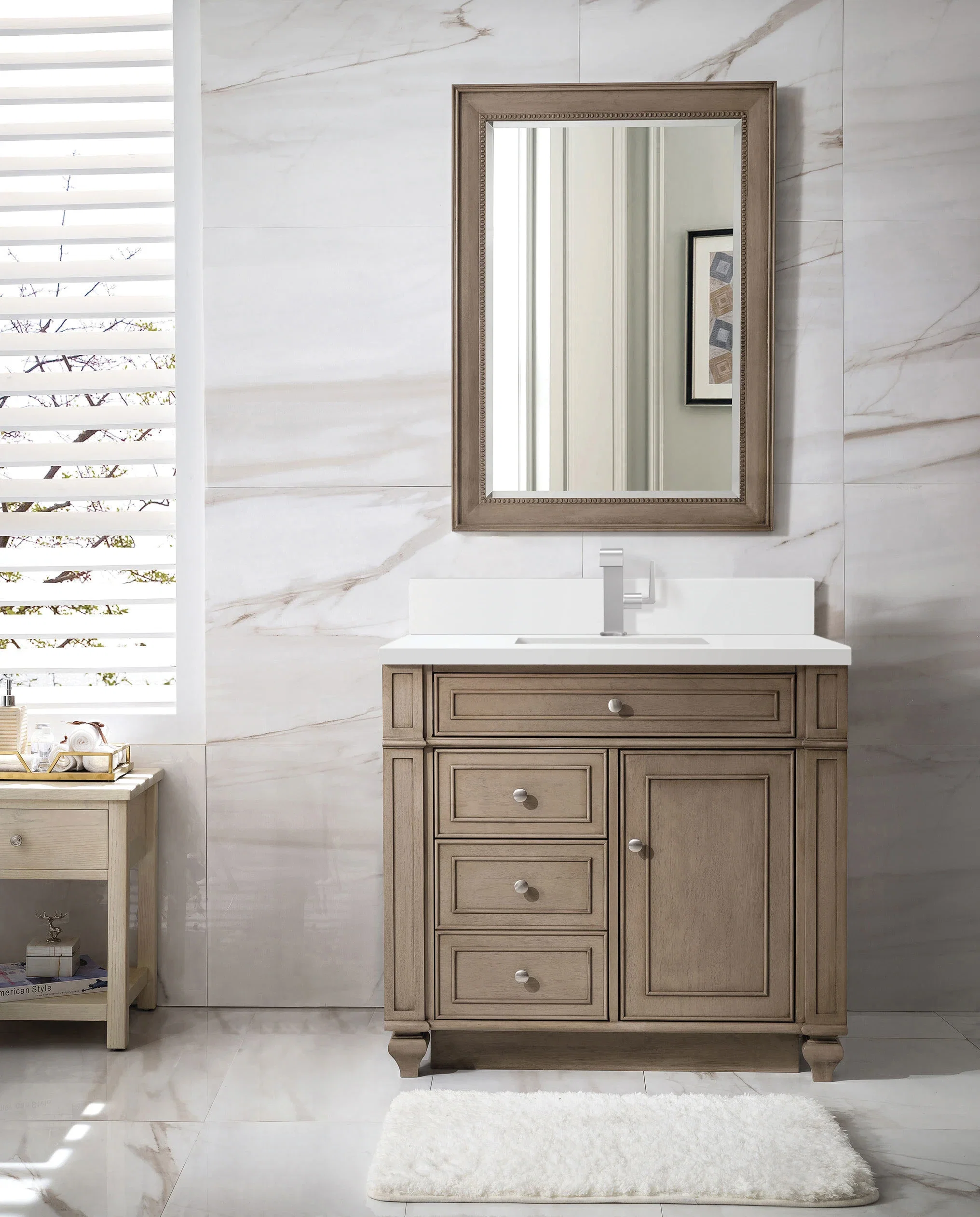 Bristol 36" Single Vanity, Whitewashed Walnut w/ Single Hole 3 CM White Zeus Silestone Top & Backsplash