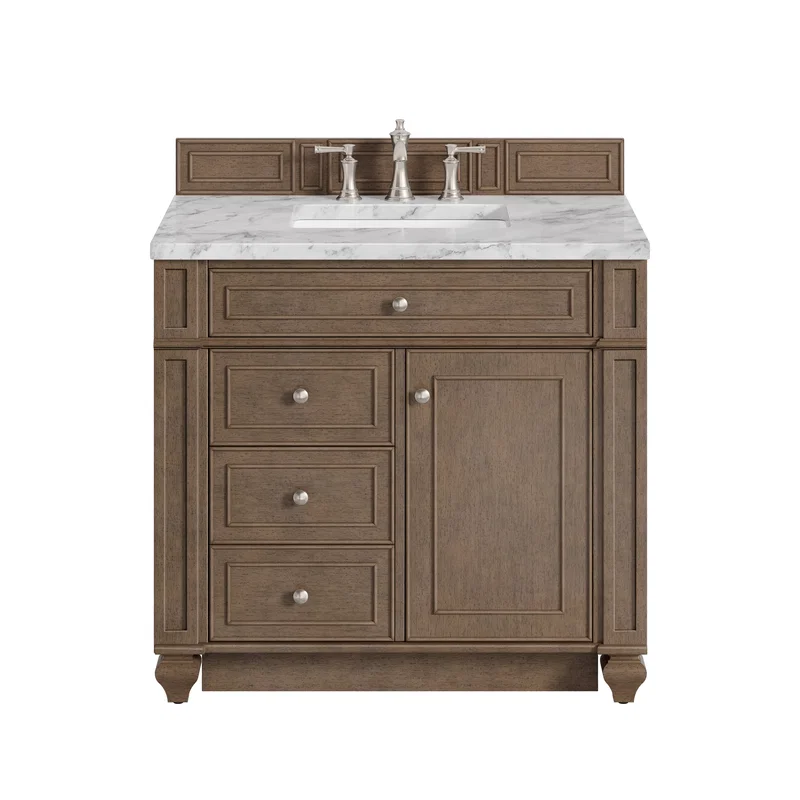 Bristol 36" Single Vanity, Whitewashed Walnut w/ 3 CM Carrara Marble Top