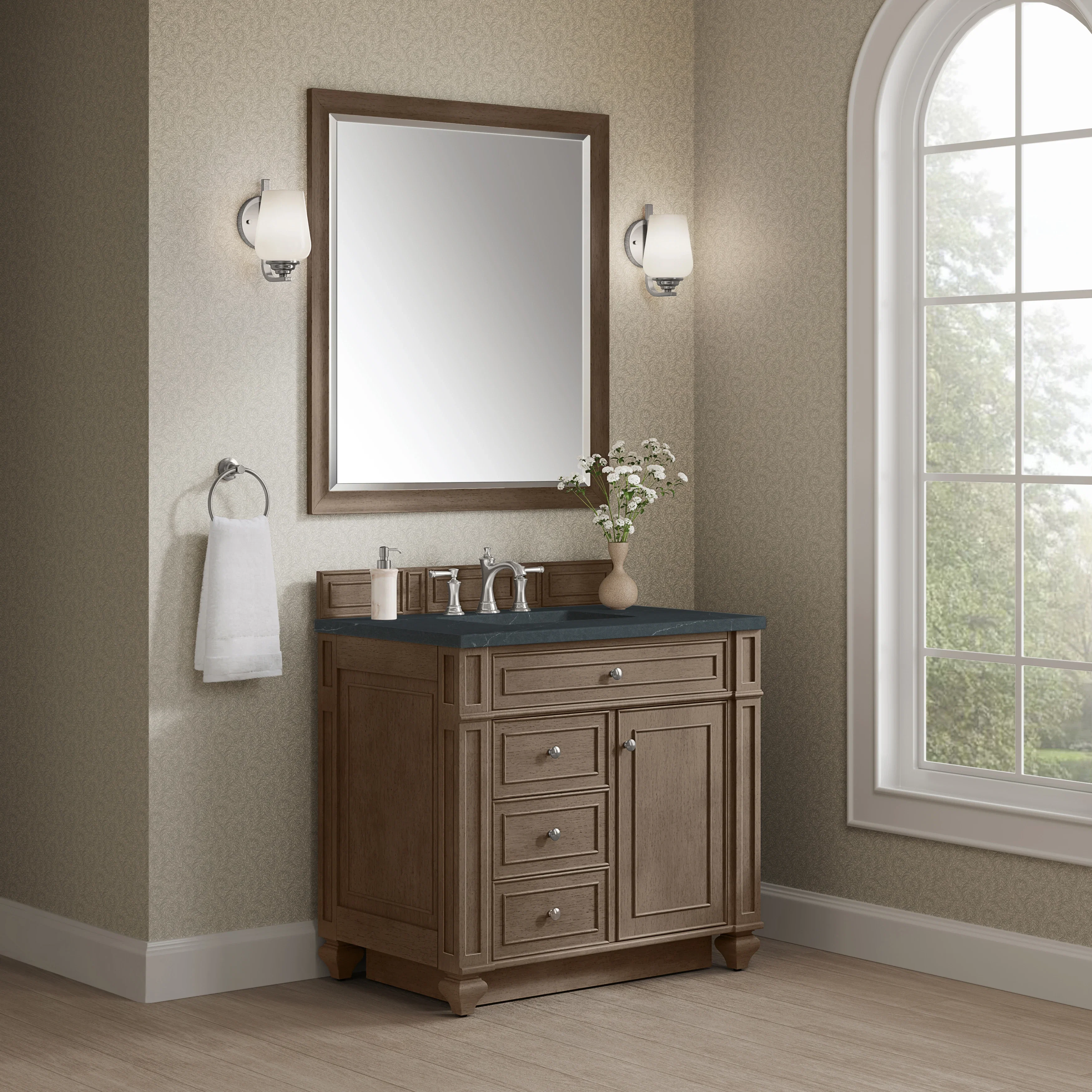 Bristol 36" Single Vanity, Whitewashed Walnut w/ 3 CM Charcoal Soapstone Silestone Top
