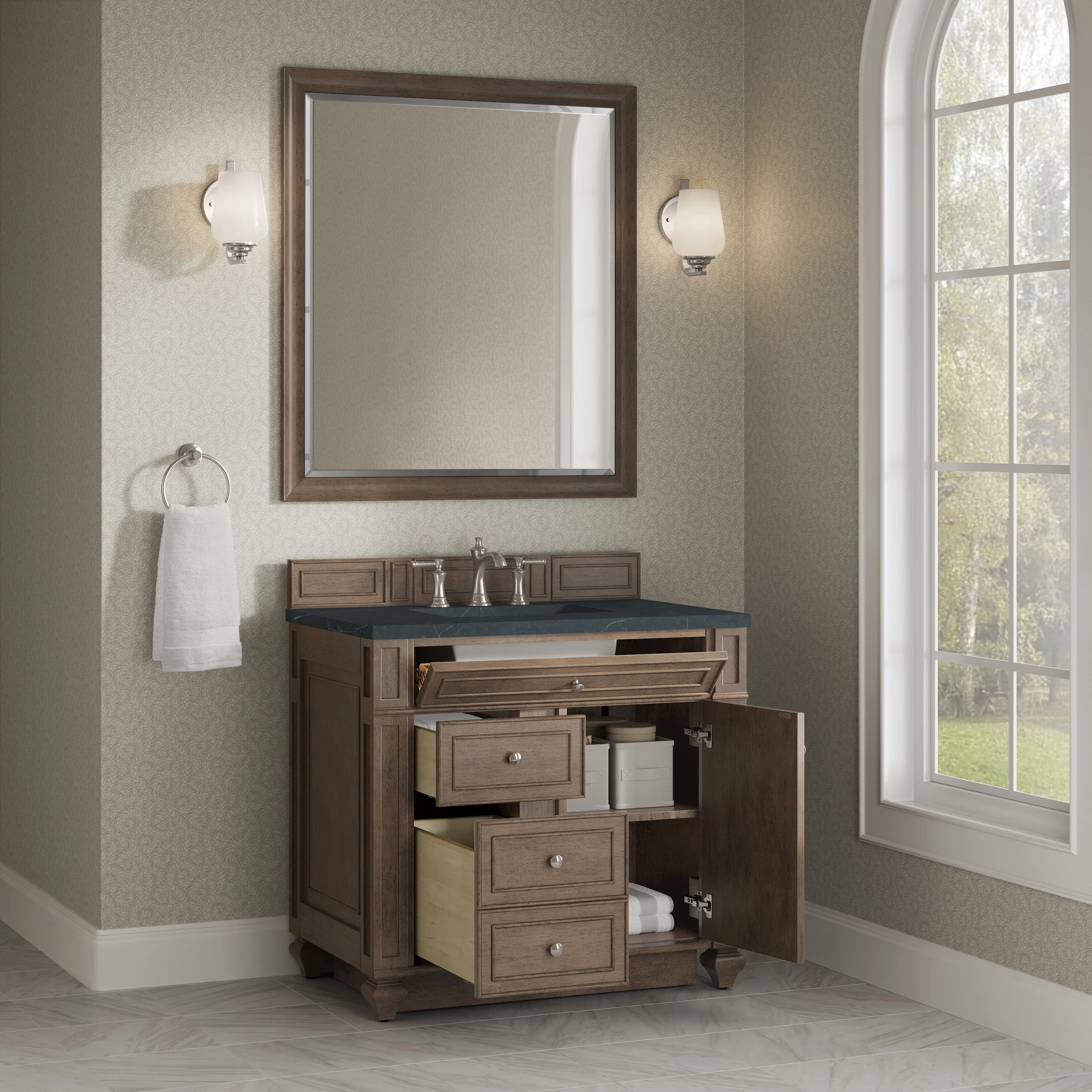 Bristol 36" Single Vanity, Whitewashed Walnut w/ 3 CM Charcoal Soapstone Silestone Top