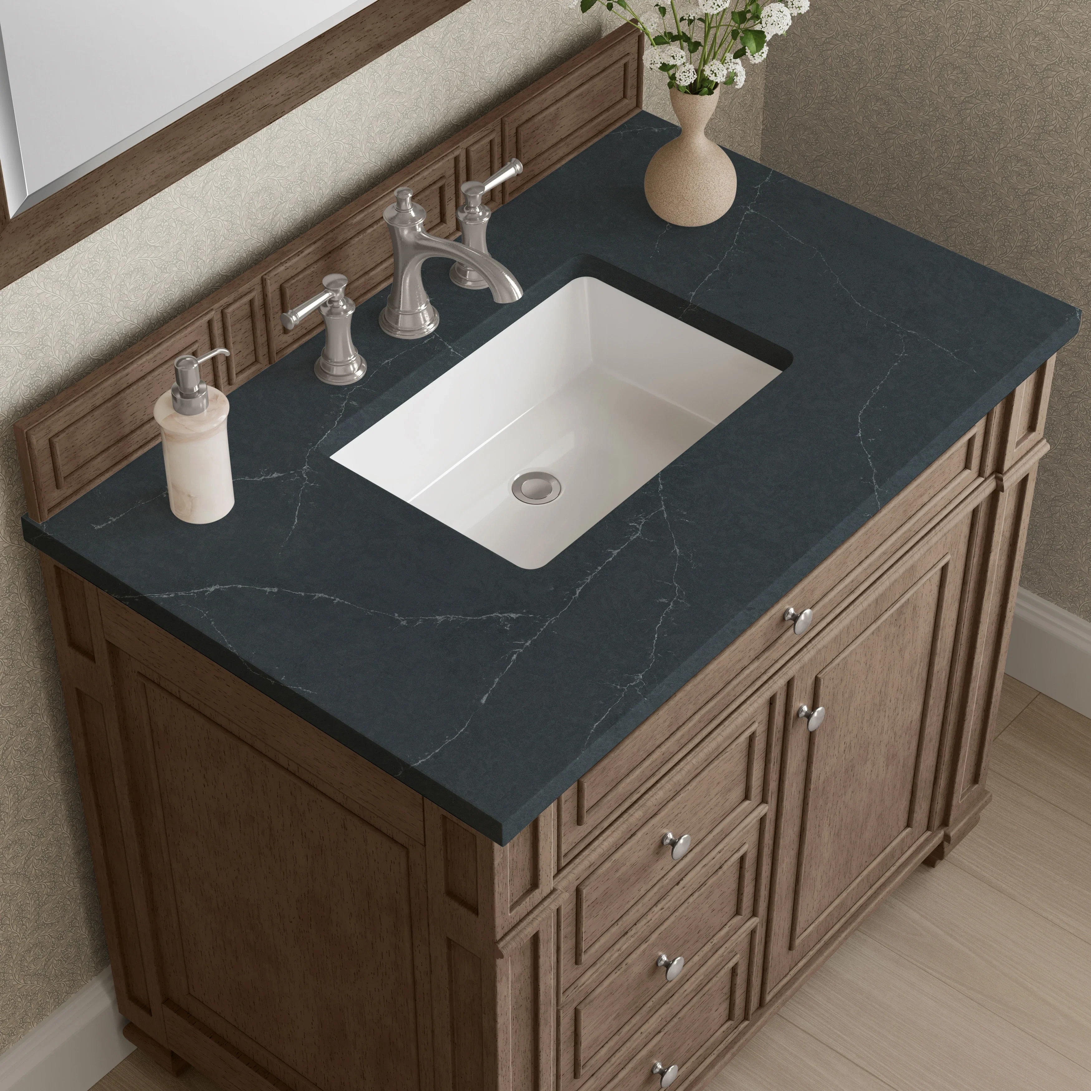 Bristol 36" Single Vanity, Whitewashed Walnut w/ 3 CM Charcoal Soapstone Silestone Top