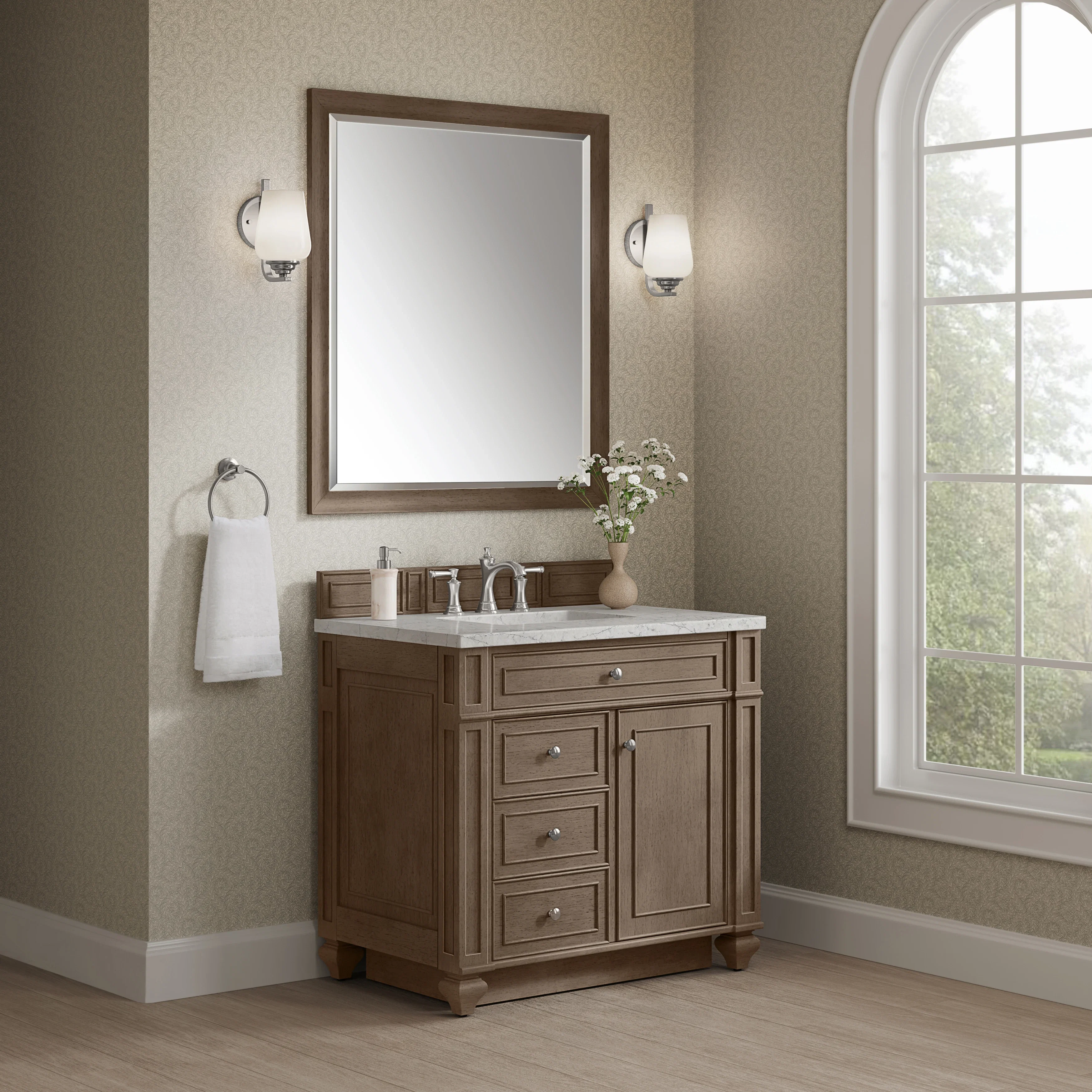 Bristol 36" Single Vanity, Whitewashed Walnut w/ 3 CM Eternal Jasmine Pearl Silestone Top
