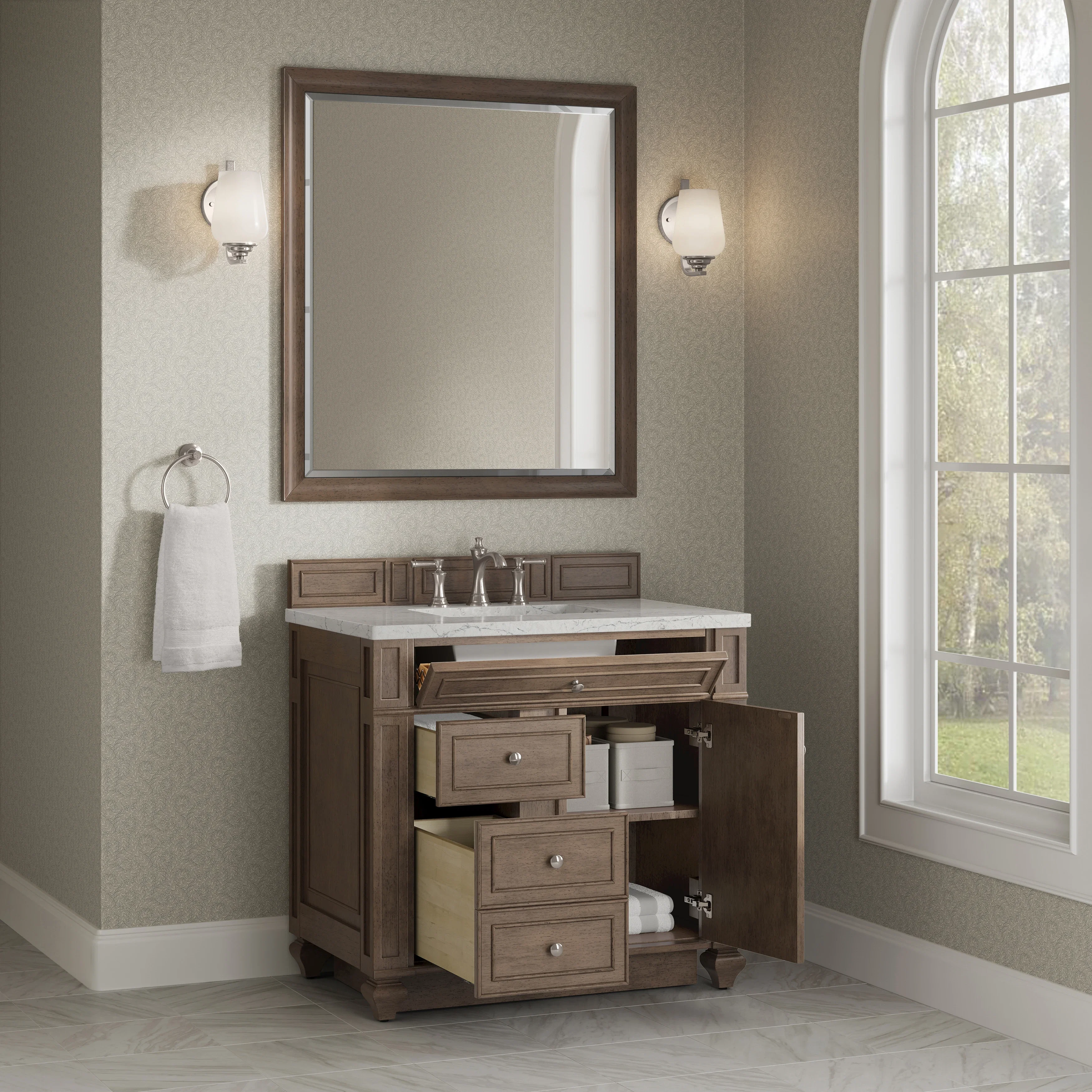 Bristol 36" Single Vanity, Whitewashed Walnut w/ 3 CM Eternal Jasmine Pearl Silestone Top