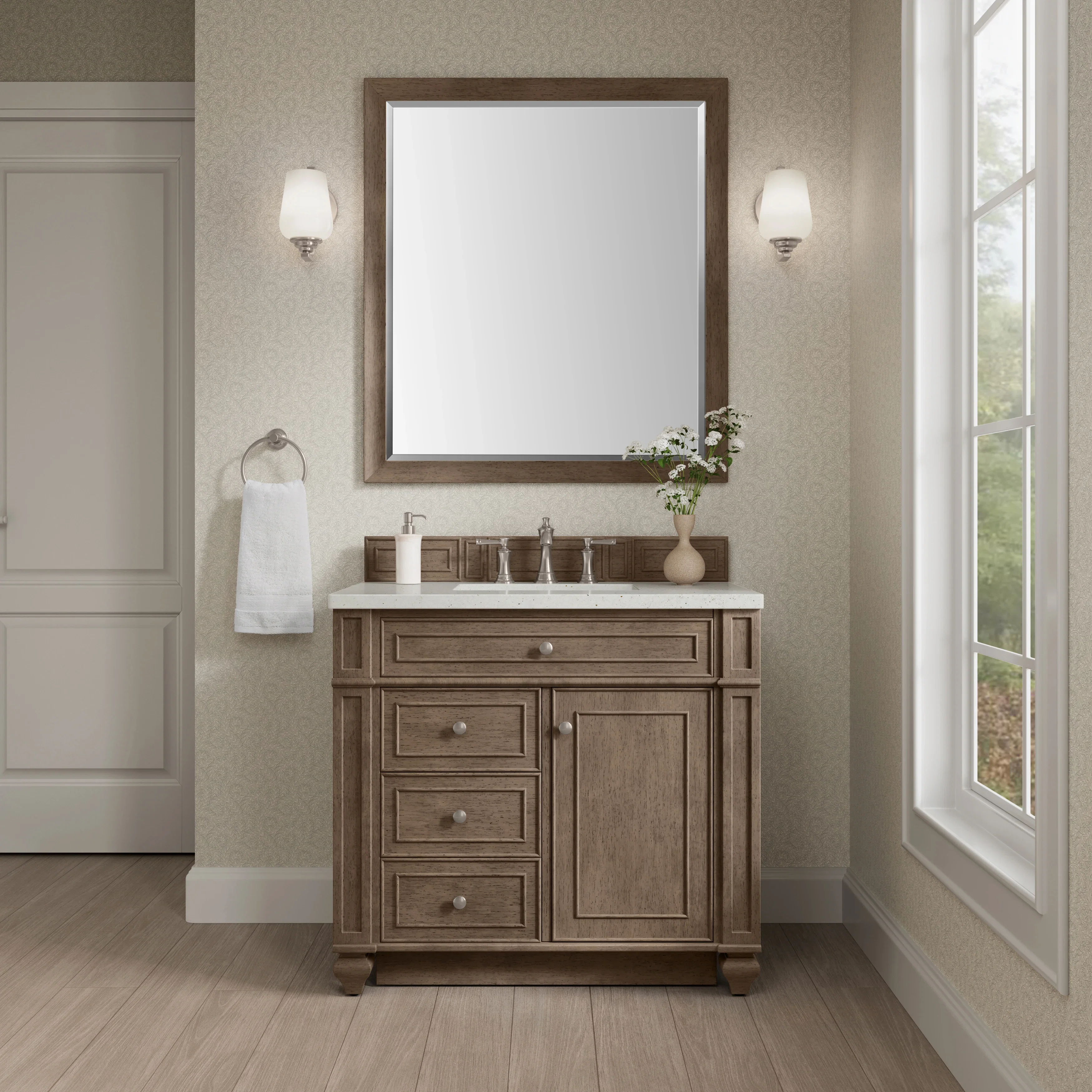 Bristol 36" Single Vanity, Whitewashed Walnut w/ 3 CM Lime Delight Silestone Top