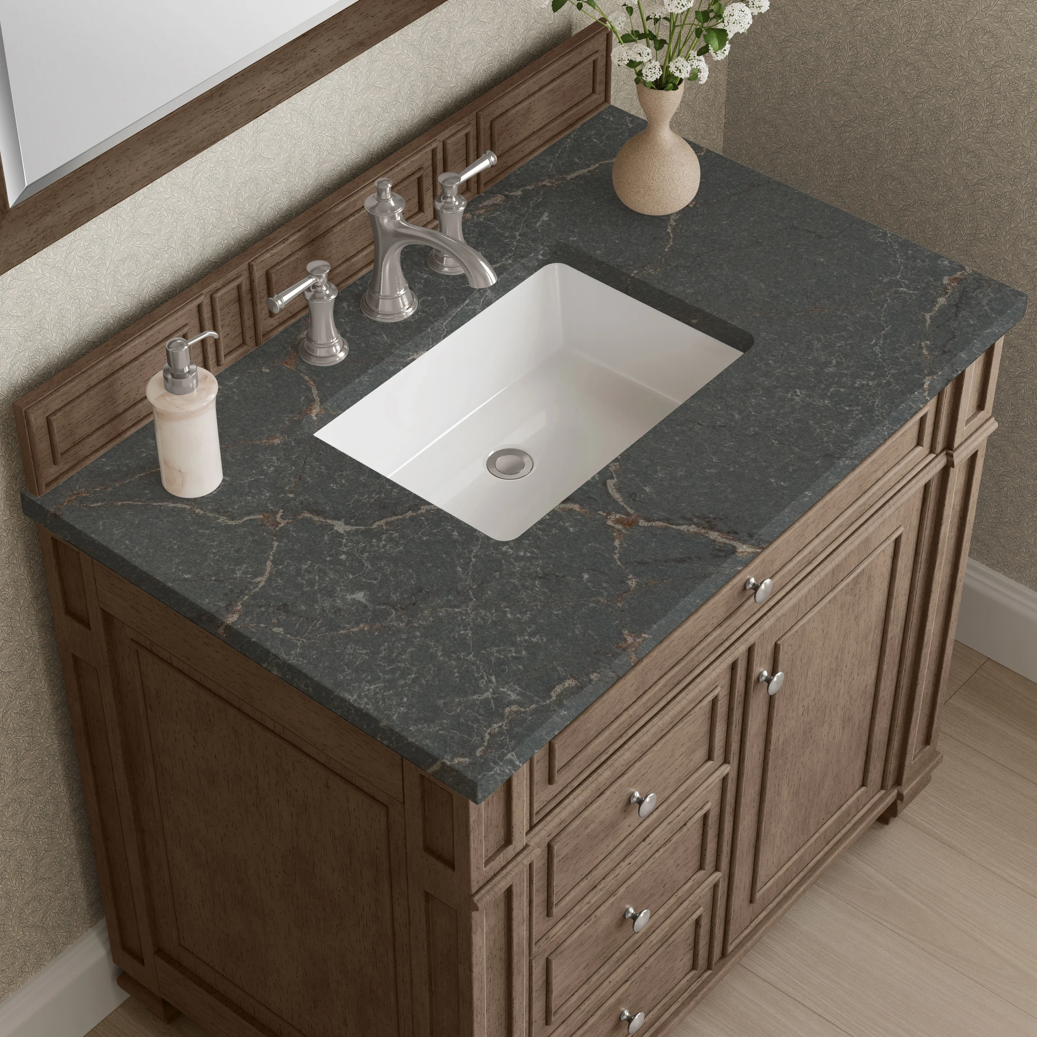 Bristol 36" Single Vanity, Whitewashed Walnut w/ 3 CM Parisien Bleu Silestone Top