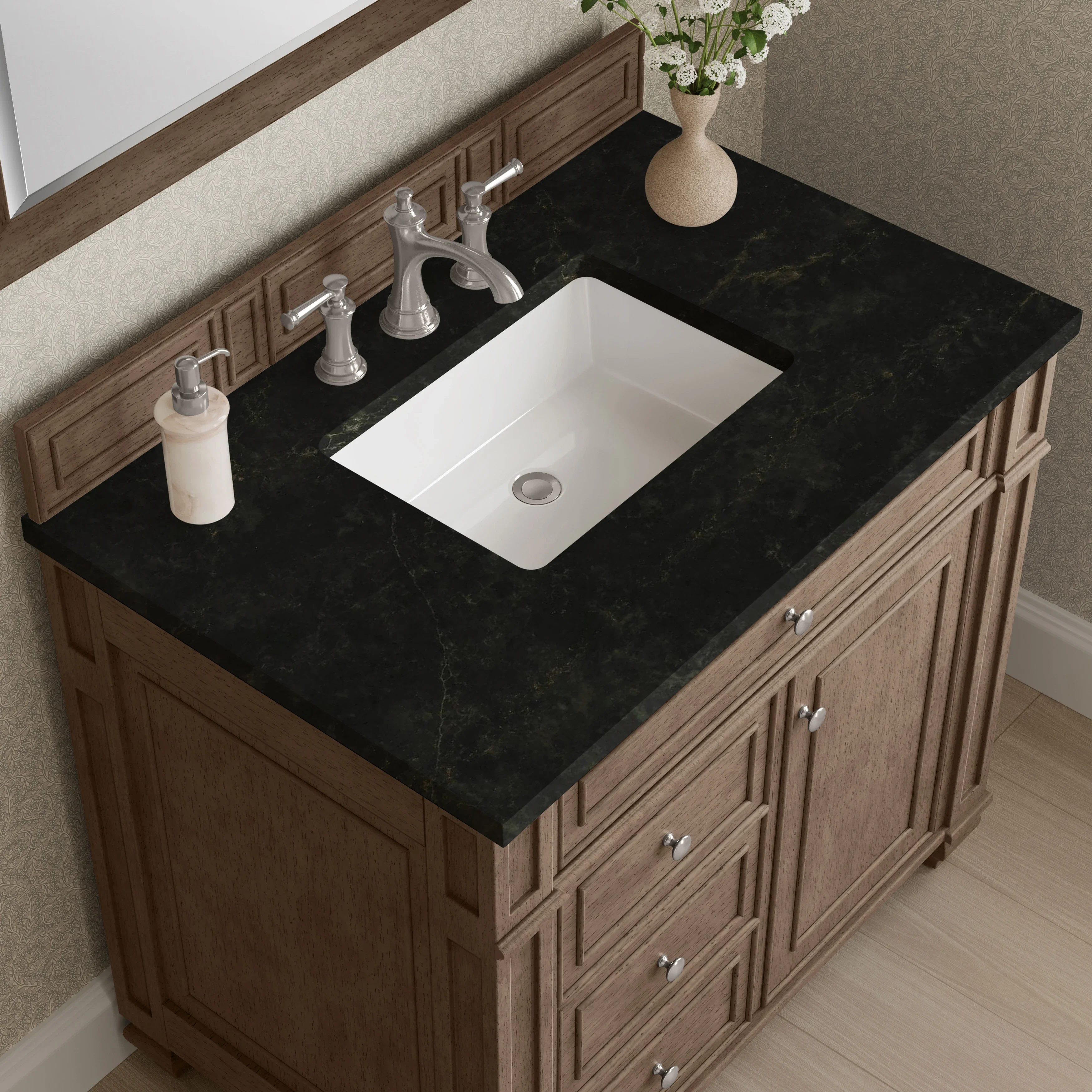 Bristol 36" Single Vanity, Whitewashed Walnut, w/ 3 CM Phantome Eclos Top