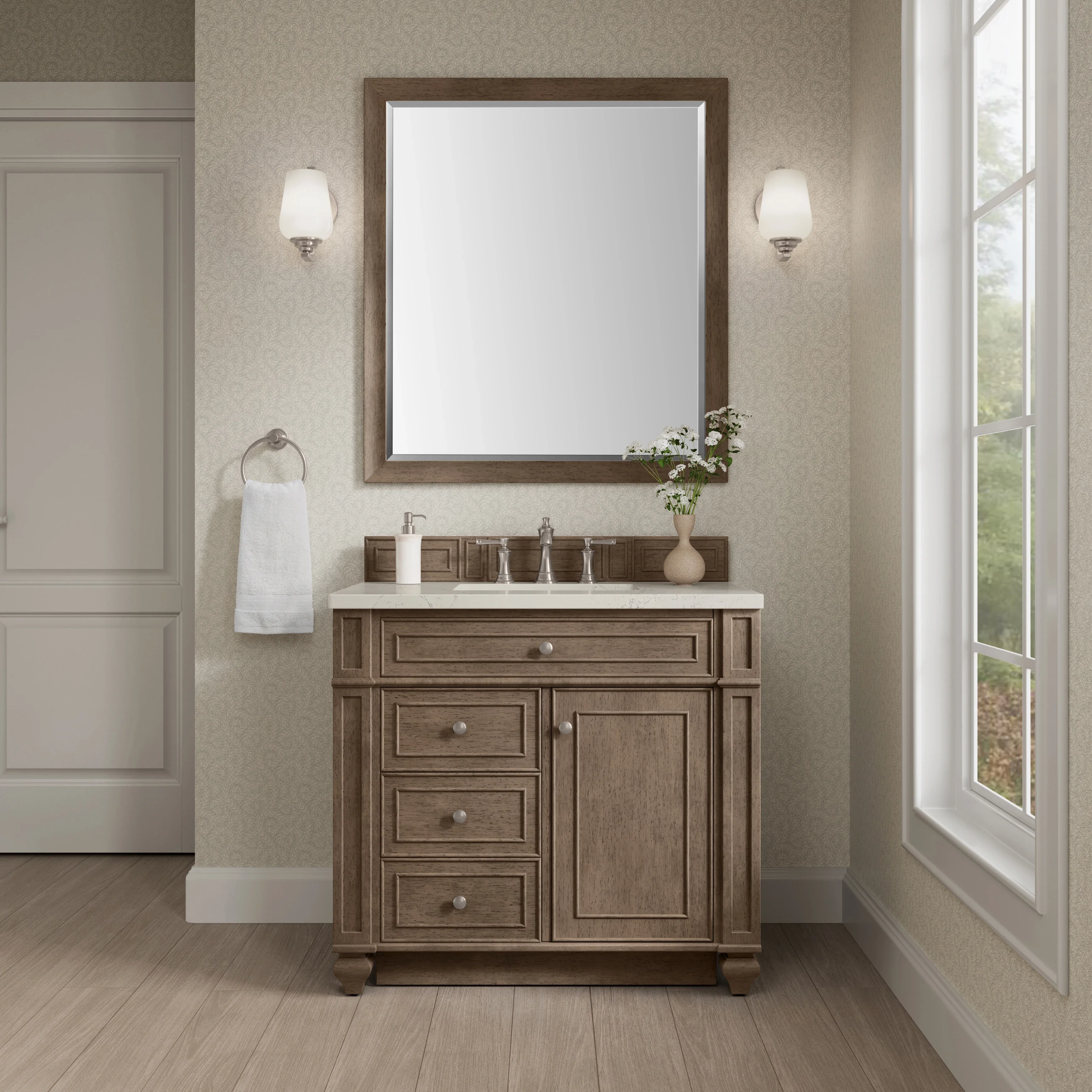 Bristol 36" Single Vanity, Whitewashed Walnut, w/ 3 CM Siberian Silestone Top