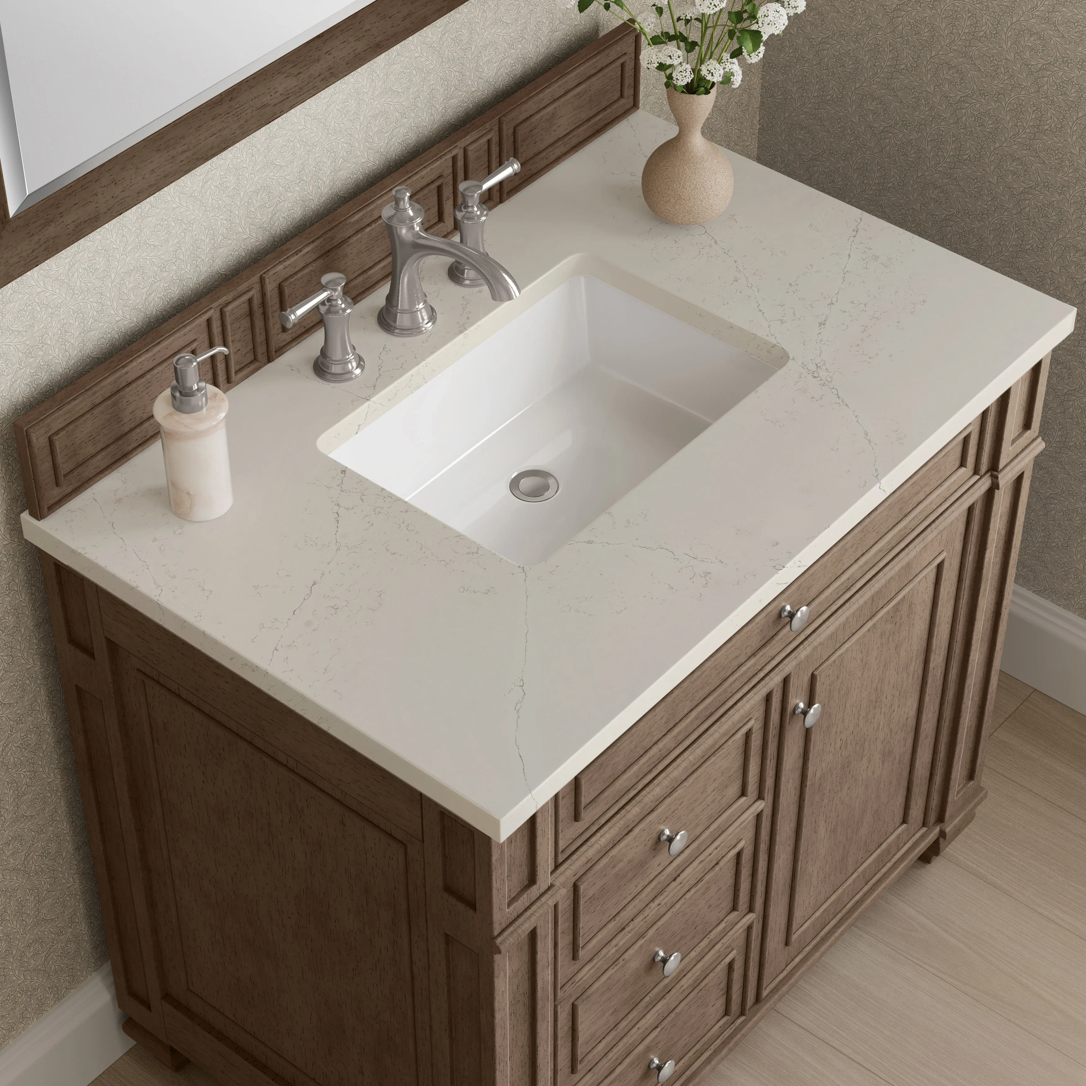 Bristol 36" Single Vanity, Whitewashed Walnut, w/ 3 CM Siberian Silestone Top