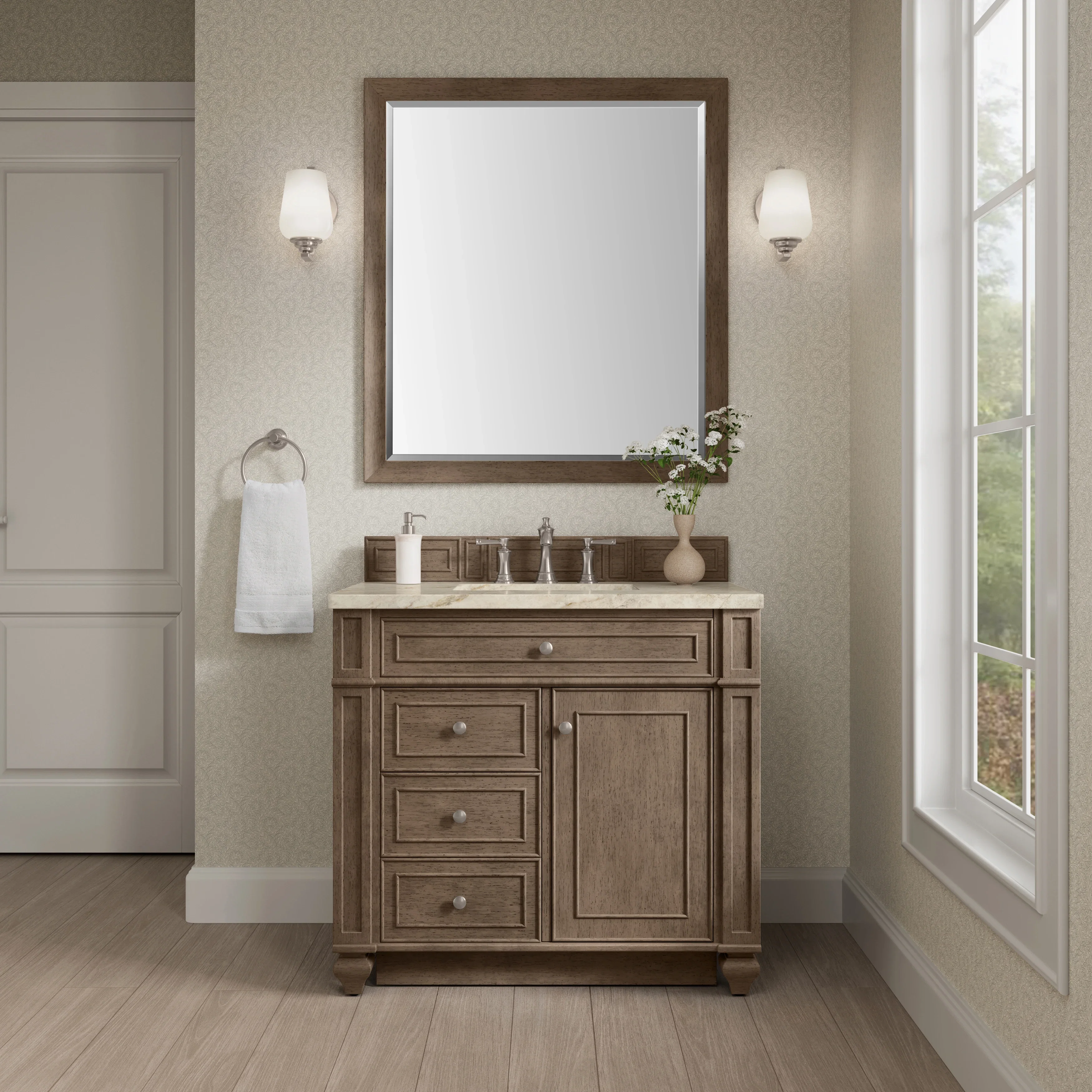 Bristol 36" Single Vanity, Whitewashed Walnut, w/ 3 CM Tajnar Eclos Top