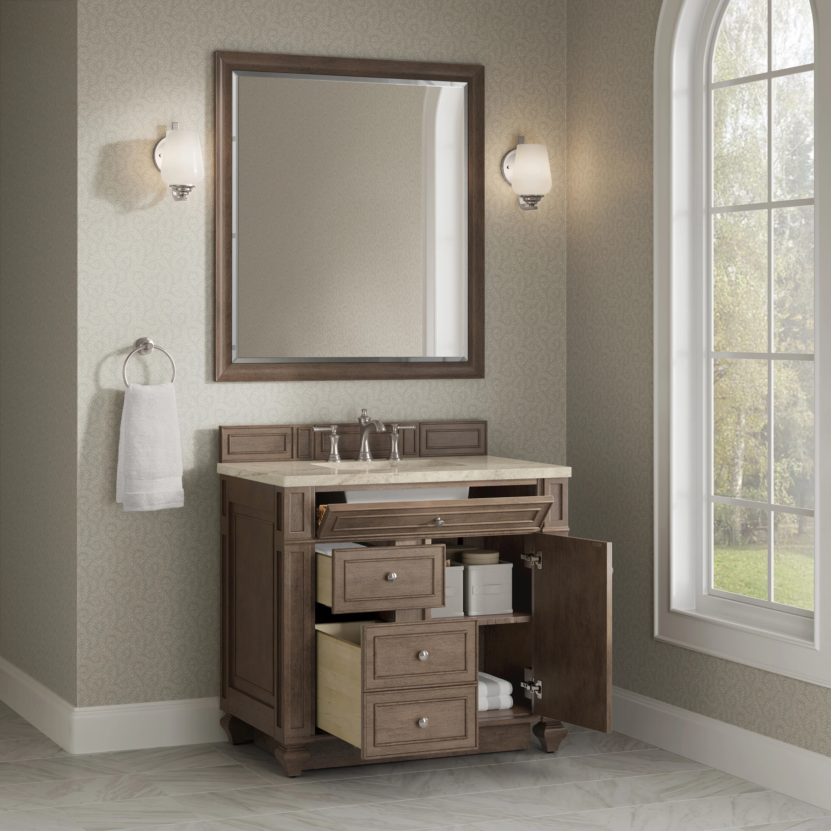 Bristol 36" Single Vanity, Whitewashed Walnut, w/ 3 CM Tajnar Eclos Top