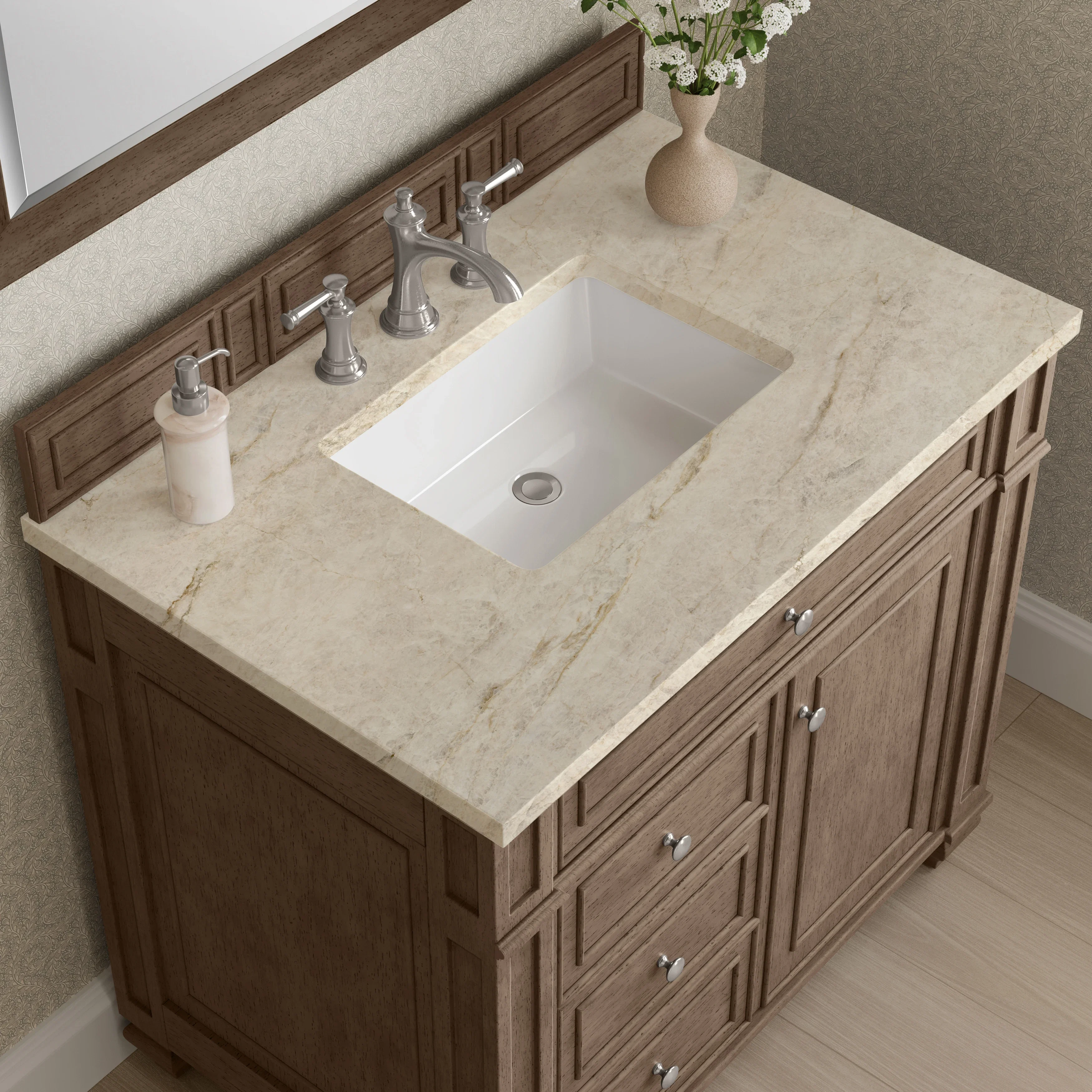 Bristol 36" Single Vanity, Whitewashed Walnut, w/ 3 CM Tajnar Eclos Top