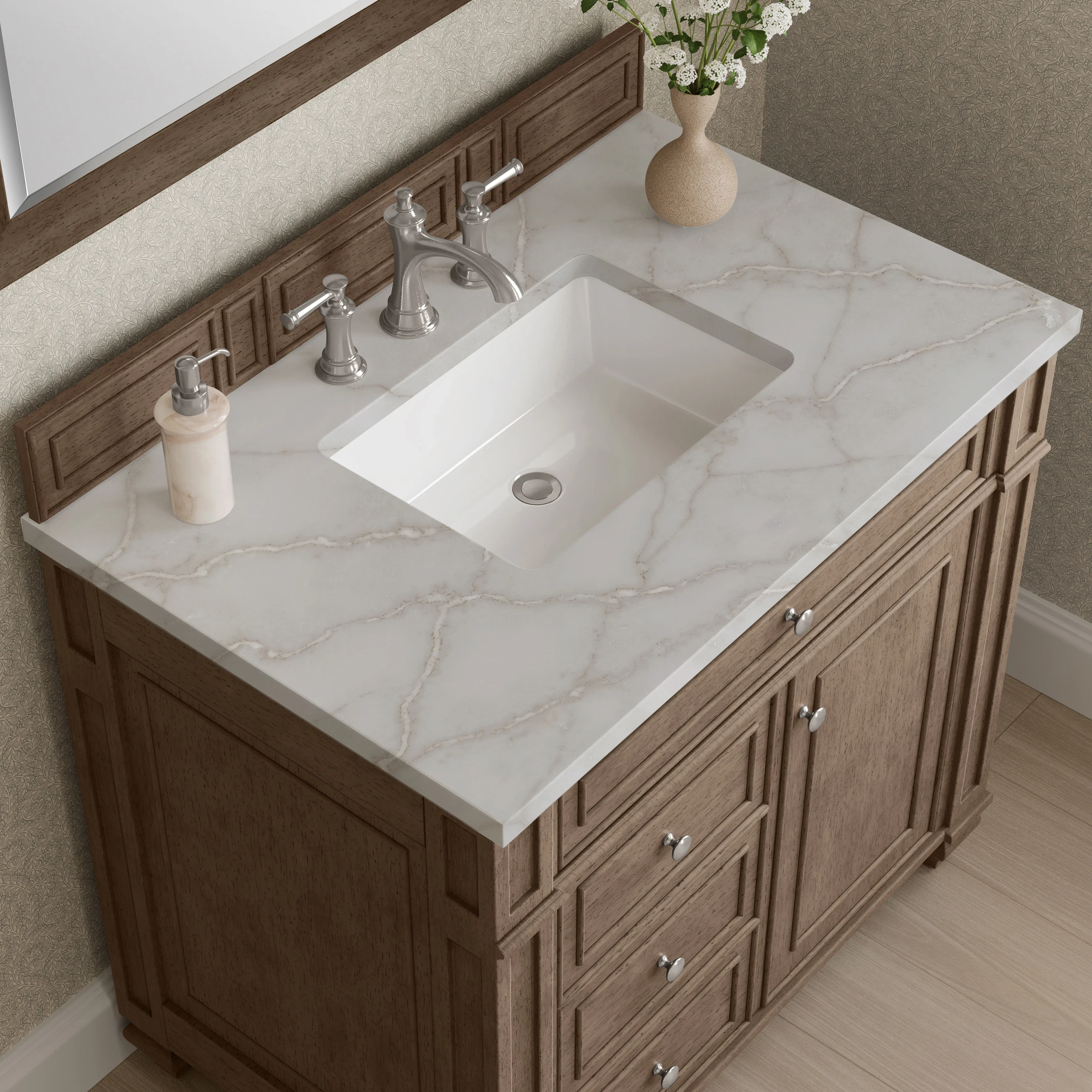 Bristol 36" Single Vanity, Whitewashed Walnut w/ 3 CM Victorian Silver Silestone Top
