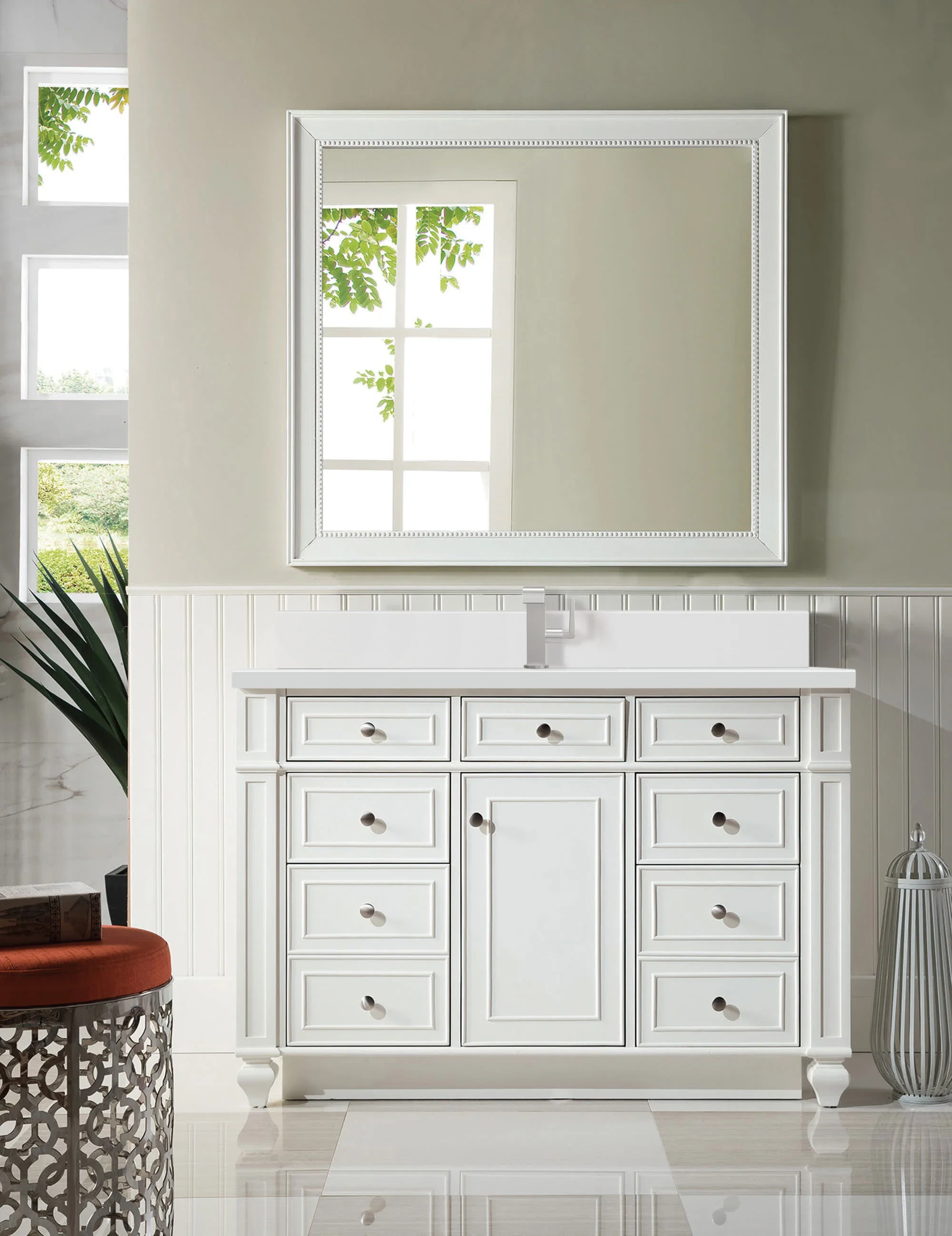 Bristol 48" Single Vanity, Bright White w/ Single Hole 3 CM White Zeus Silestone Top & Backsplash