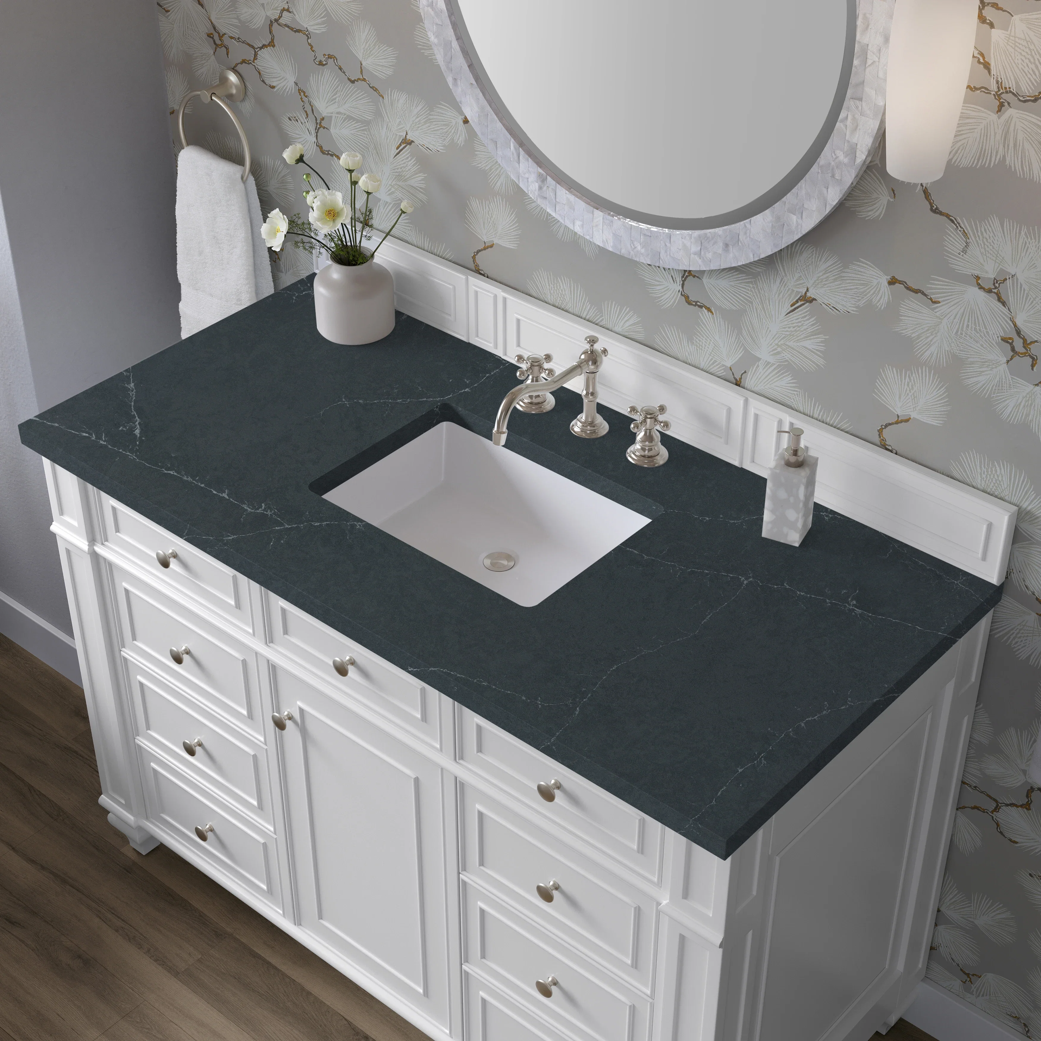 Bristol 48" Single Vanity, Bright White w/ 3 CM Charcoal Soapstone Silestone Top