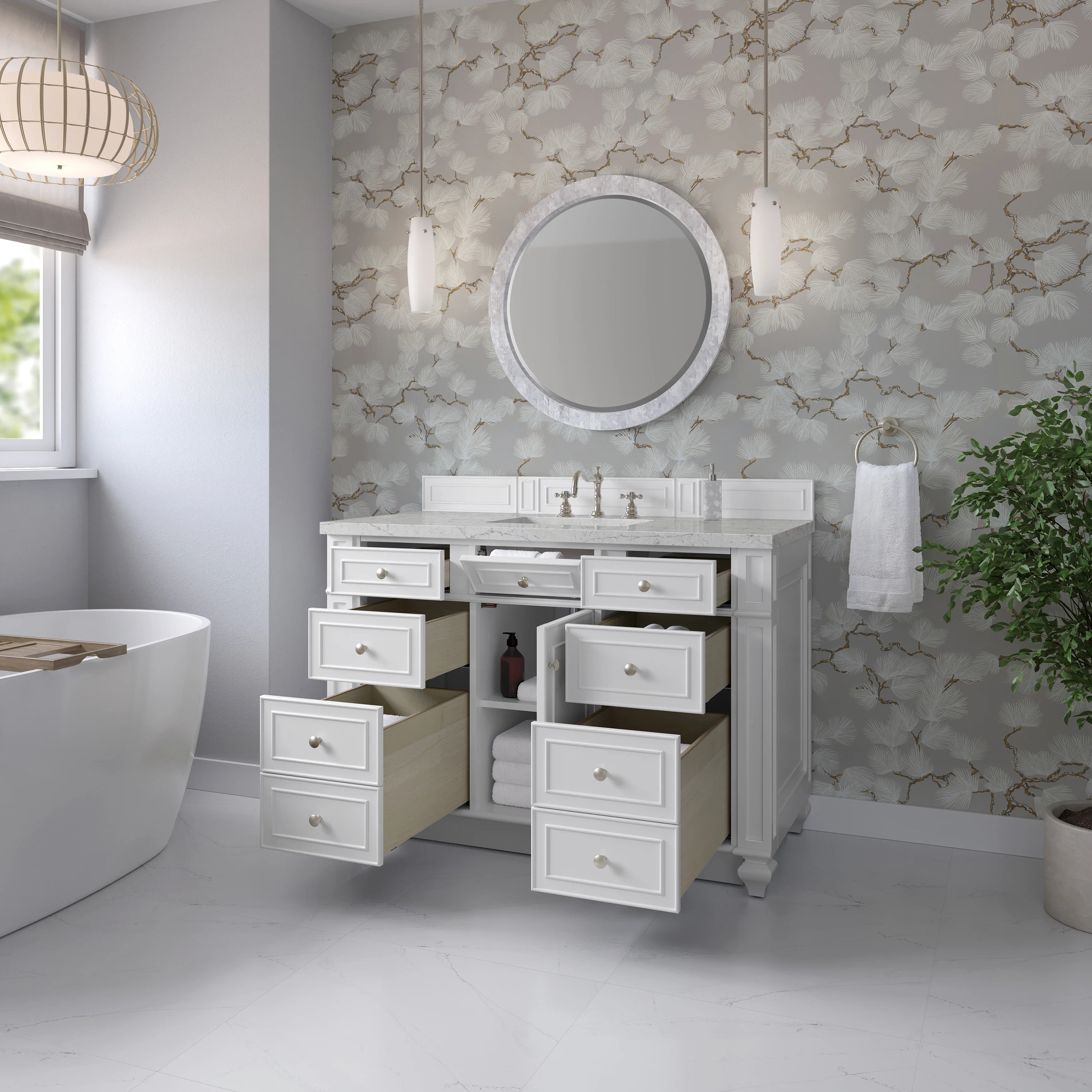 Bristol 48" Single Vanity, Bright White w/ 3 CM Eternal Jasmine Pearl Silestone Top