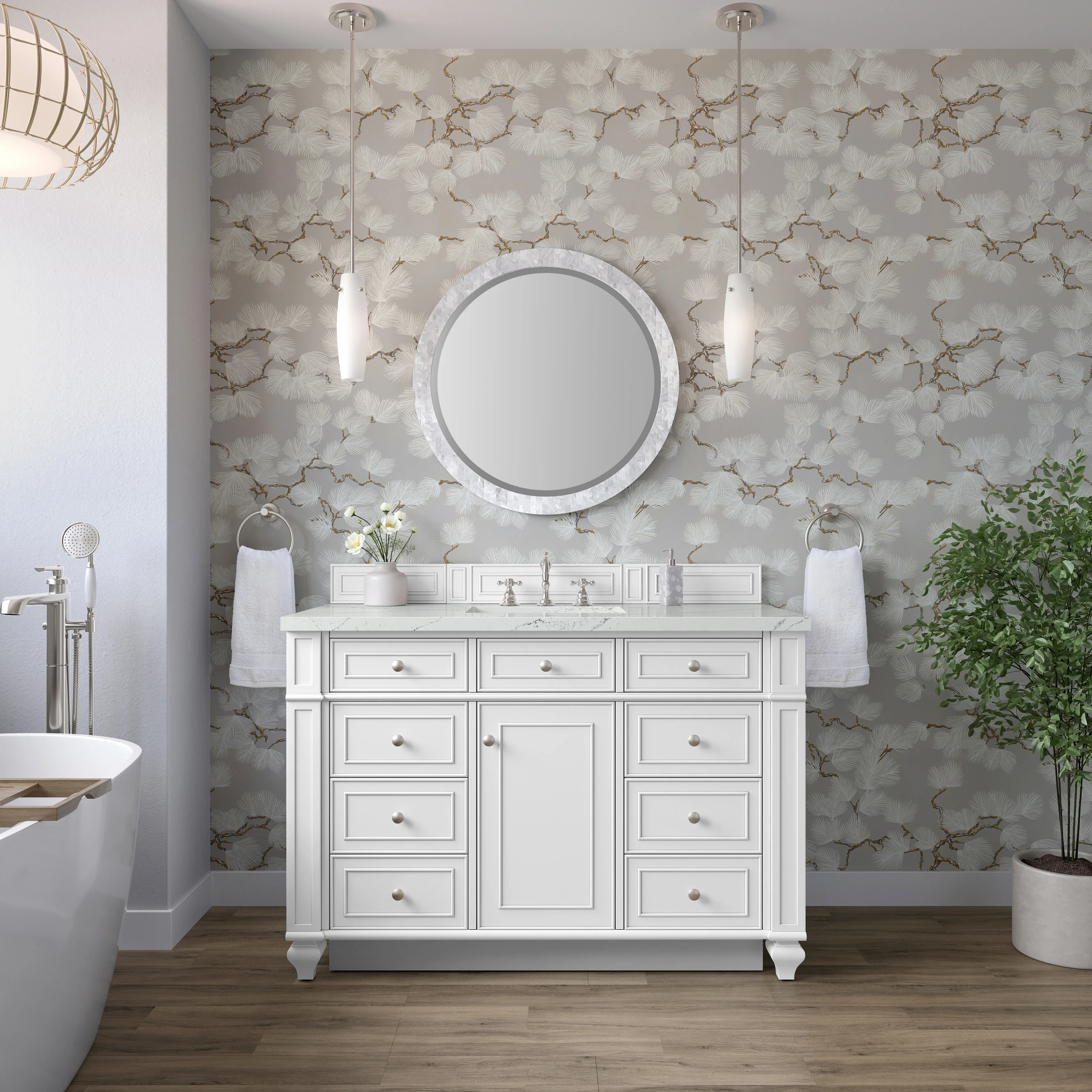 Bristol 48" Single Vanity, Bright White w/ 3 CM Ethereal Noctis Silestone Top