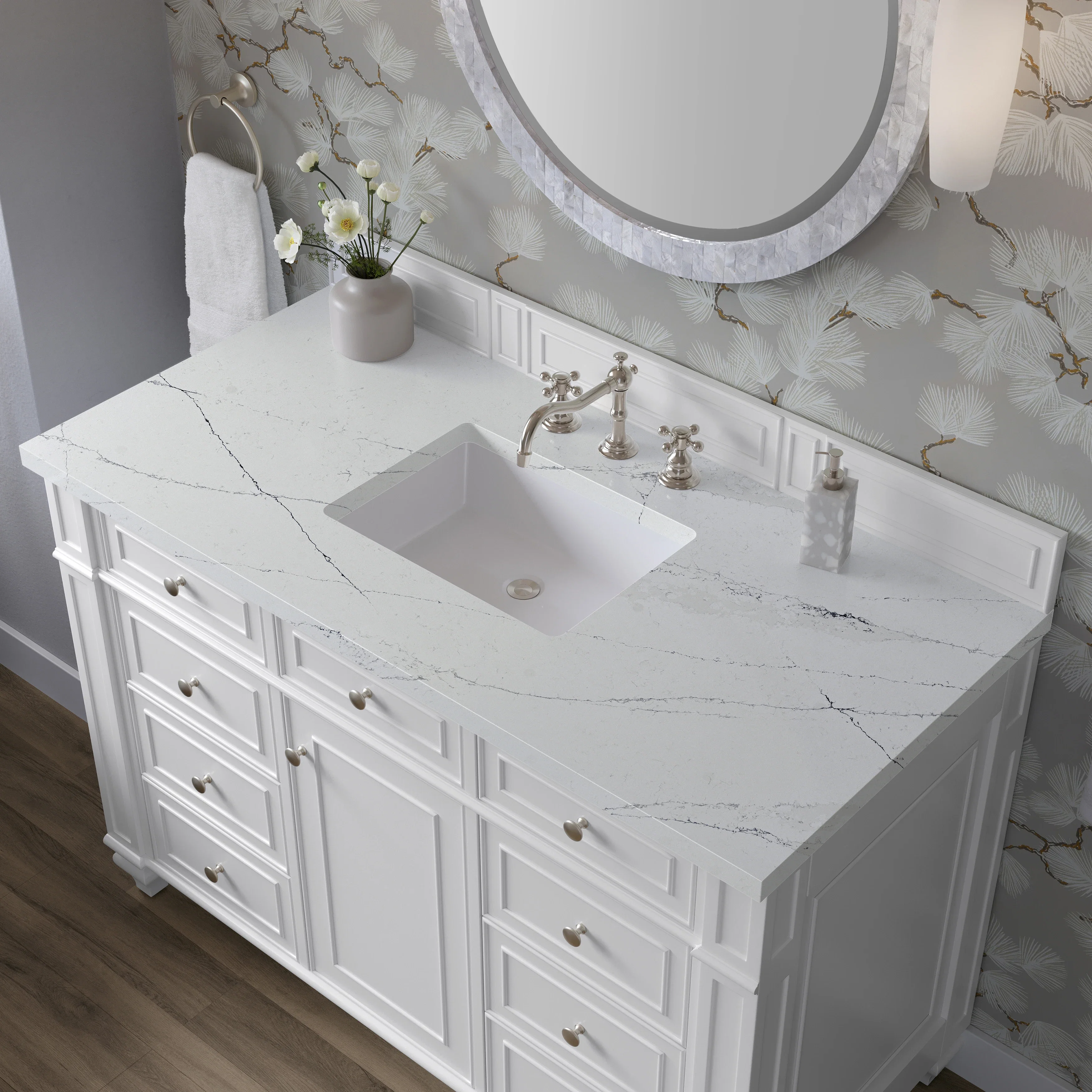Bristol 48" Single Vanity, Bright White w/ 3 CM Ethereal Noctis Silestone Top