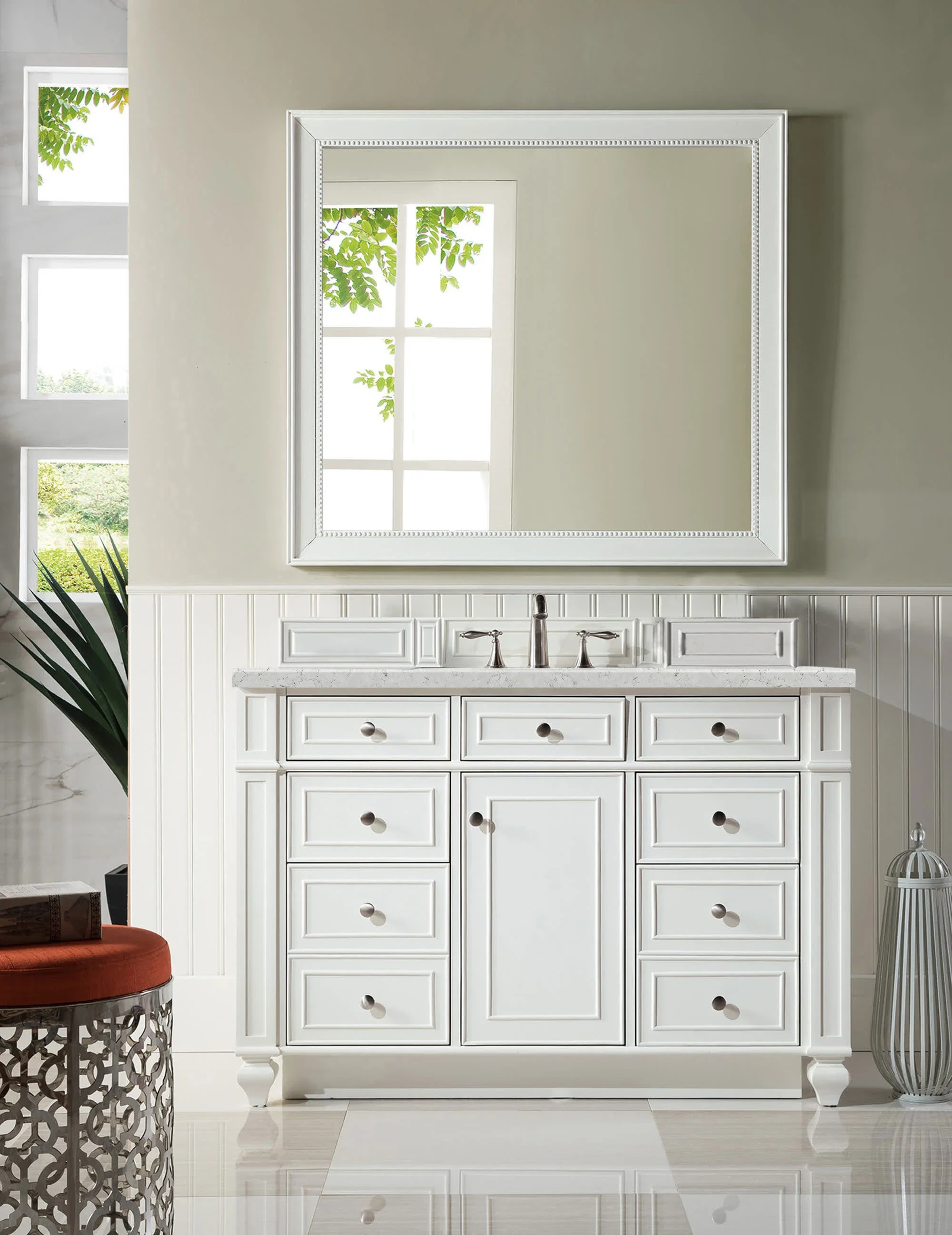 Bristol 48" Single Vanity, Bright White w/ 3 CM Eternal Jasmine Pearl Silestone Top w/ FreePower Wireless Charger