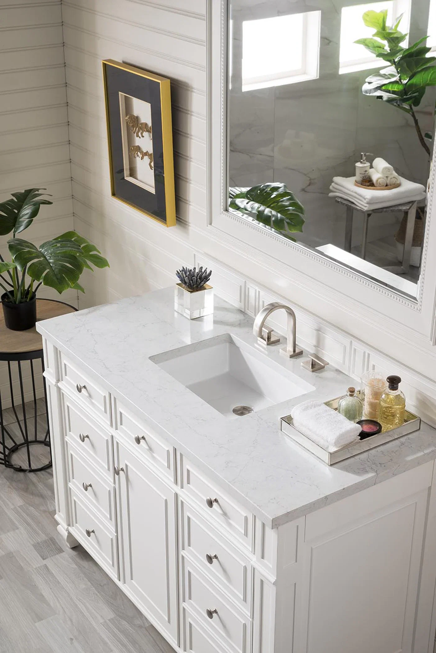 Bristol 48" Single Vanity, Bright White w/ 3 CM Eternal Jasmine Pearl Silestone Top w/ FreePower Wireless Charger