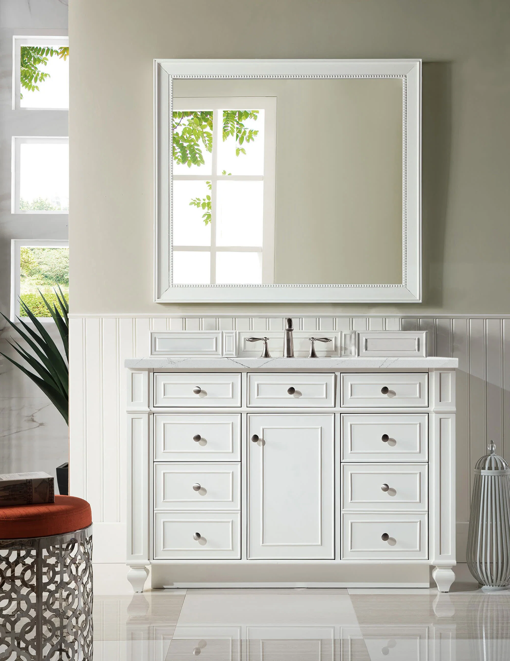 Bristol 48" Single Vanity, Bright White w/ 3 CM Ethereal Noctis Silestone Top w/ FreePower Wireless Charger