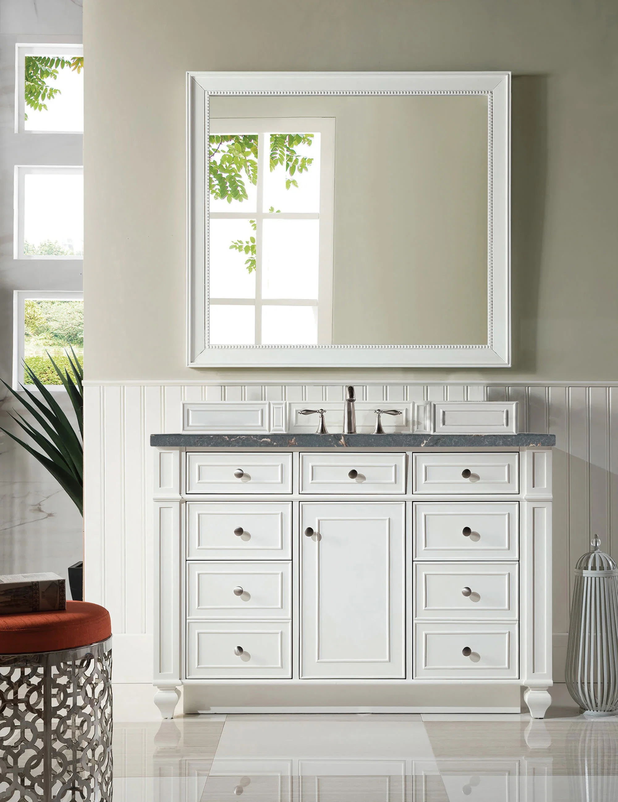 Bristol 48" Single Vanity, Bright White w/ 3 CM Parisien Bleu Silestone Top w/ FreePower Wireless Charger