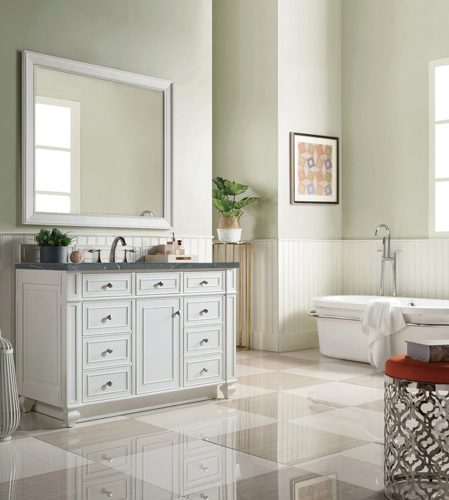 Bristol 48" Single Vanity, Bright White w/ 3 CM Parisien Bleu Silestone Top w/ FreePower Wireless Charger