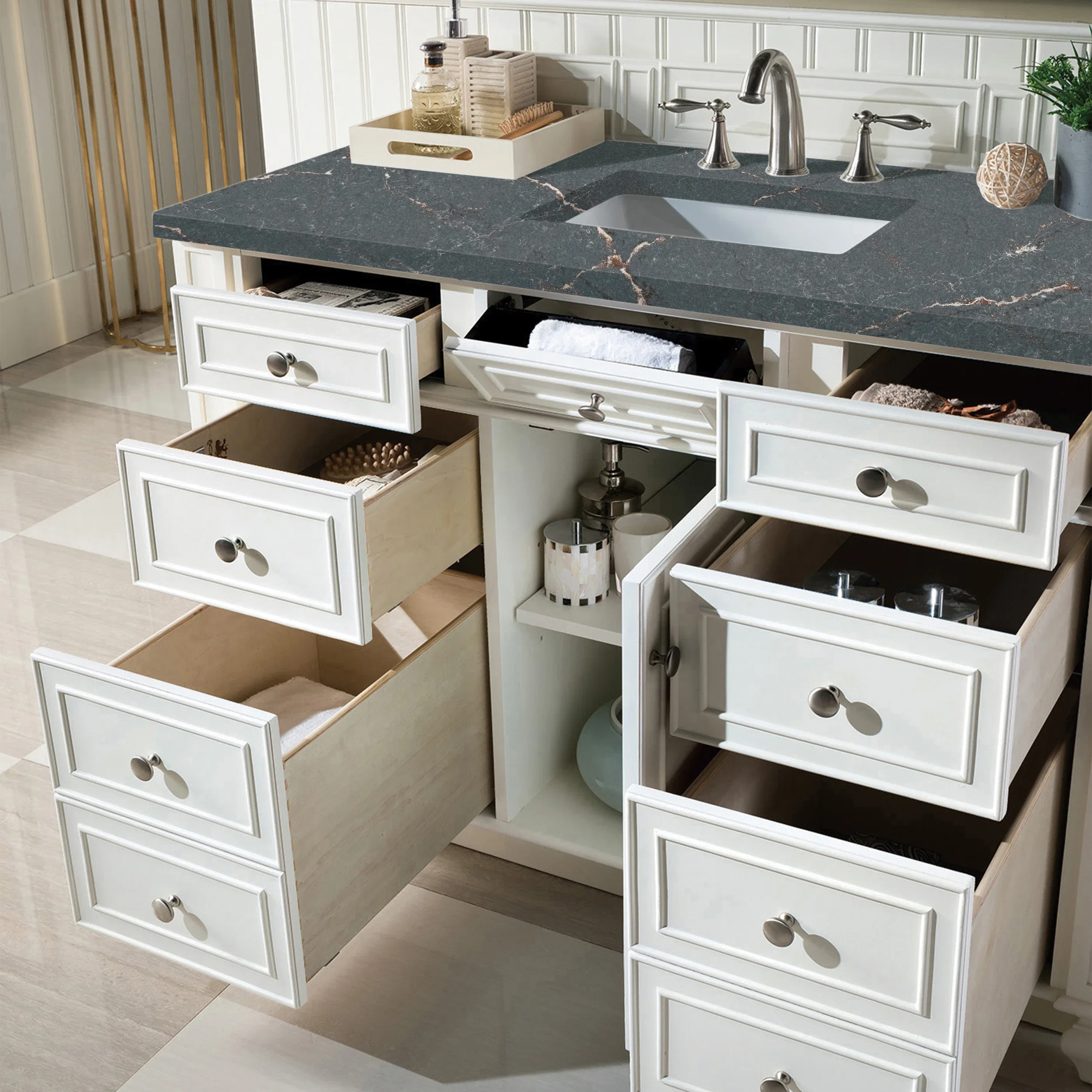 Bristol 48" Single Vanity, Bright White w/ 3 CM Parisien Bleu Silestone Top w/ FreePower Wireless Charger