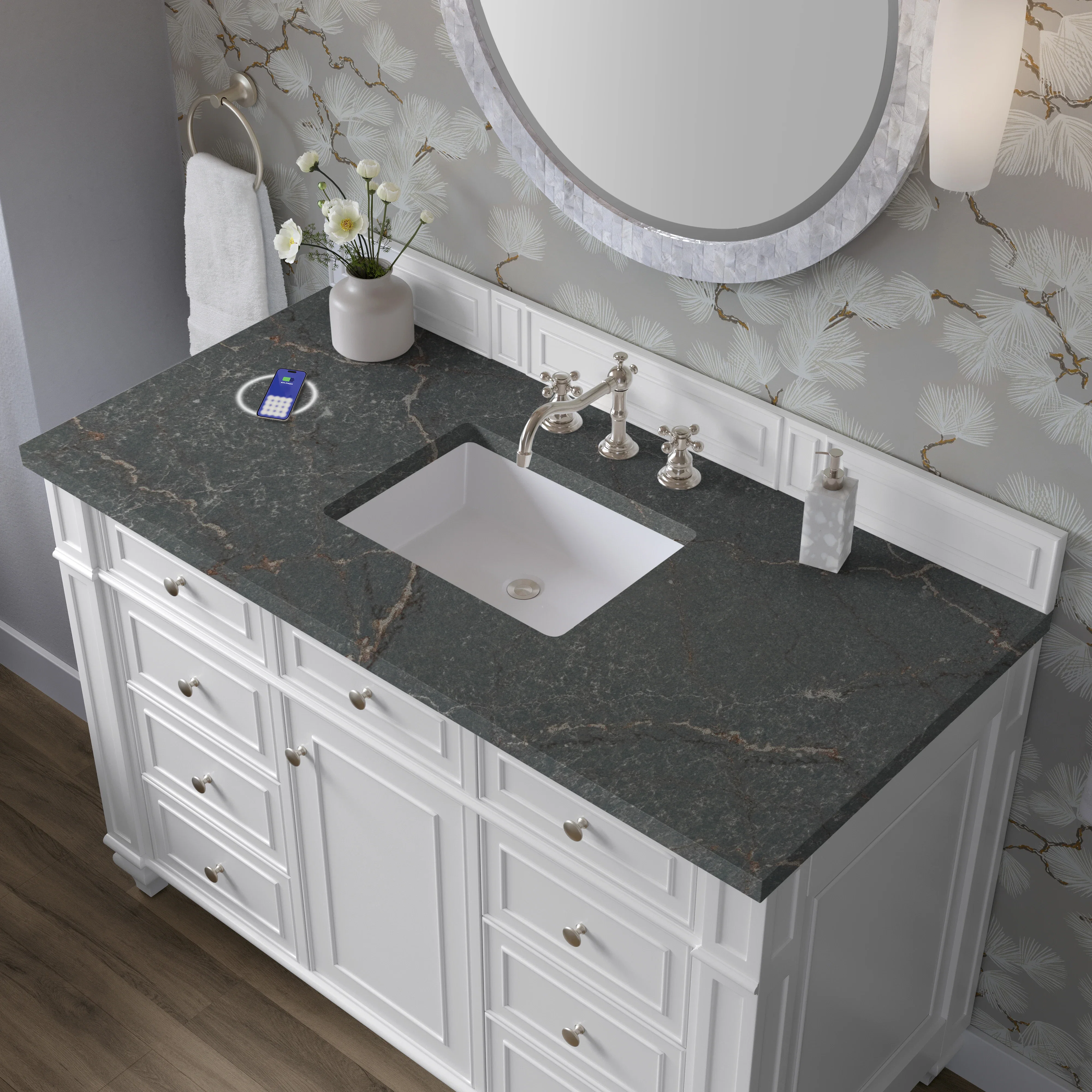 Bristol 48" Single Vanity, Bright White w/ 3 CM Parisien Bleu Silestone Top w/ FreePower Wireless Charger