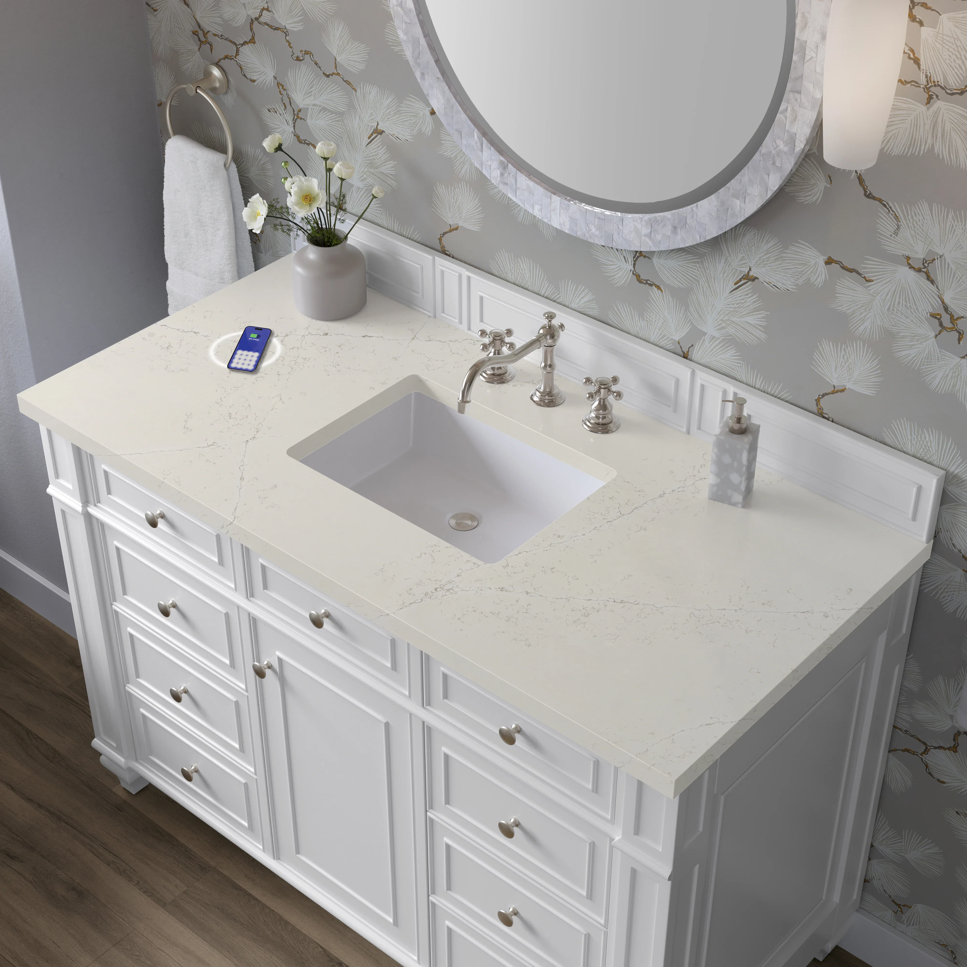 Bristol 48" Single Vanity, Bright White, w/ 3 CM Siberian Silestone Top w/FreePower Wireless Charger