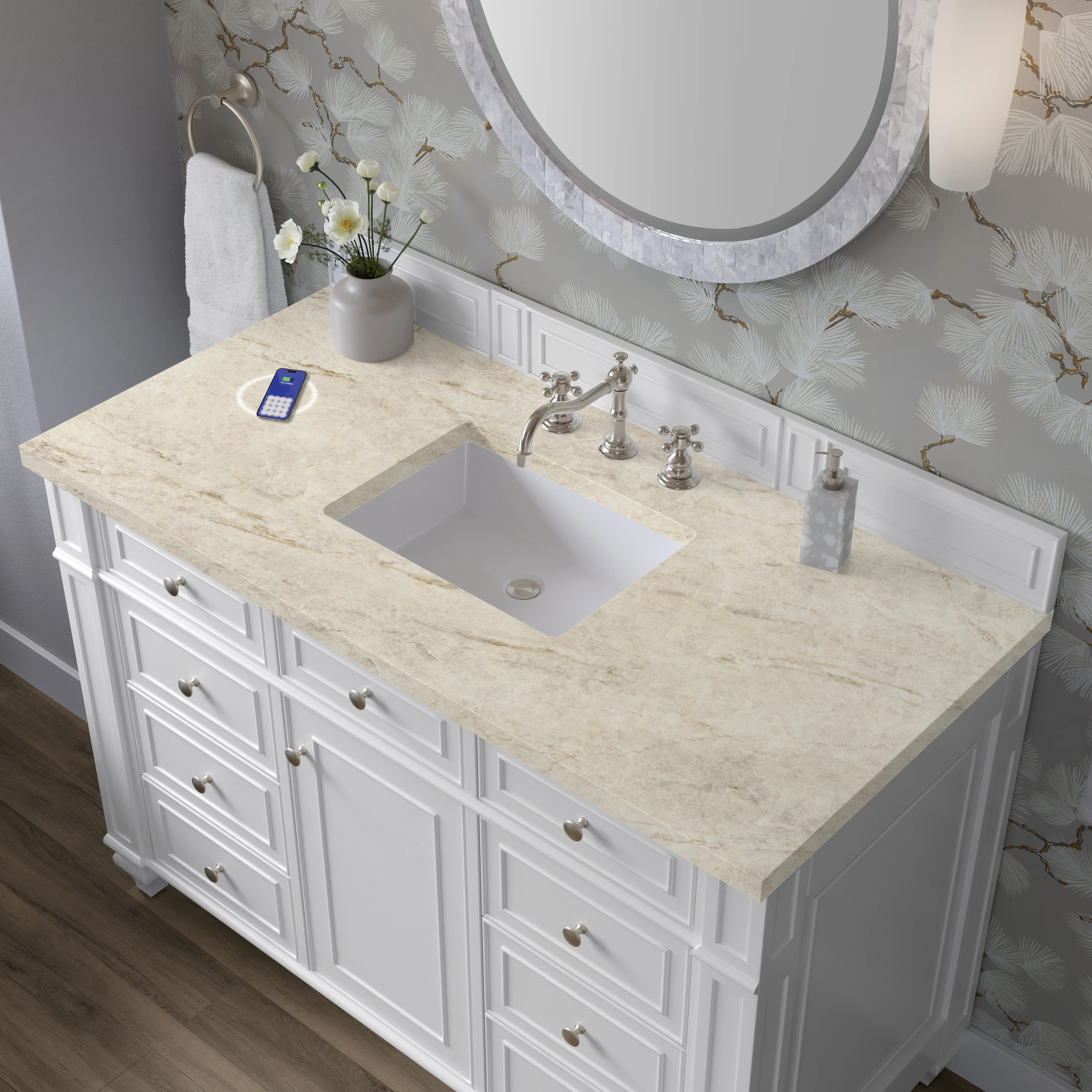 Bristol 48" Single Vanity, Bright White, w/ 3 CM Tajnar Eclos Top w/FreePower Wireless Charger