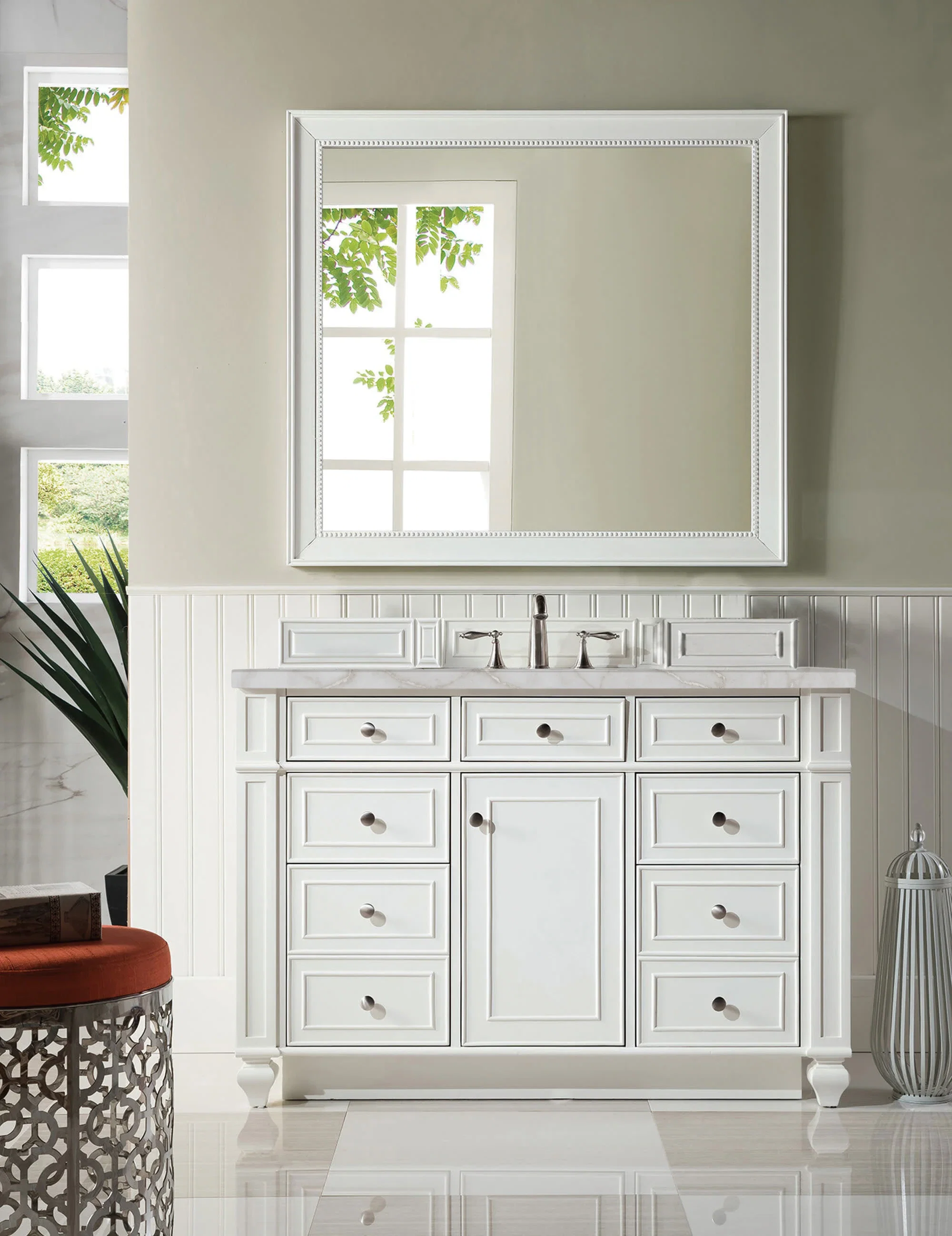 Bristol 48" Single Vanity, Bright White w/ 3 CM Victorian Silver Silestone Top w/ FreePower Wireless Charger