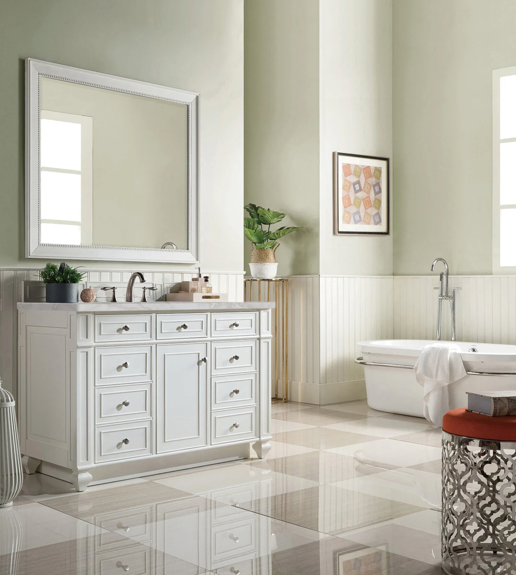 Bristol 48" Single Vanity, Bright White w/ 3 CM Victorian Silver Silestone Top w/ FreePower Wireless Charger