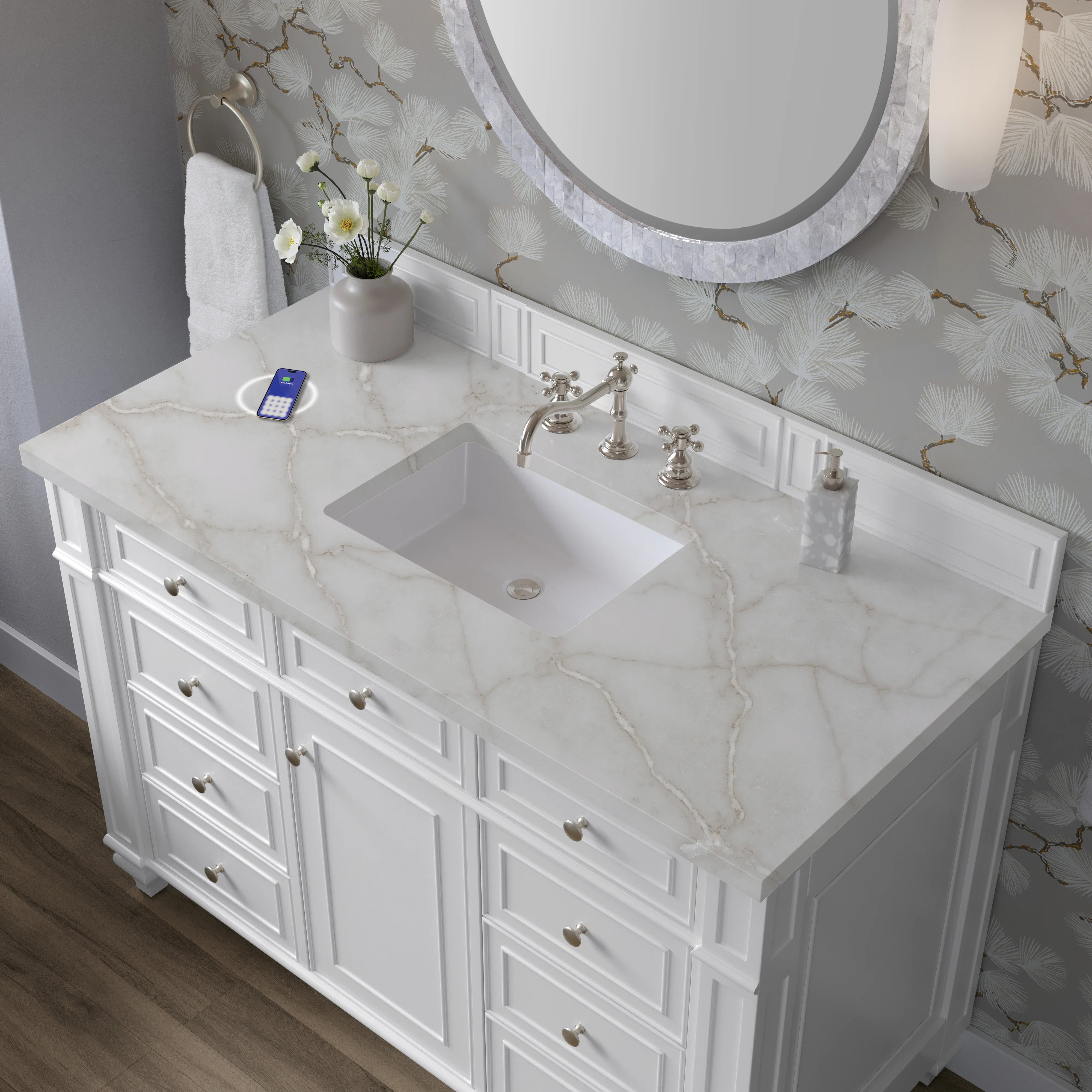 Bristol 48" Single Vanity, Bright White w/ 3 CM Victorian Silver Silestone Top w/ FreePower Wireless Charger