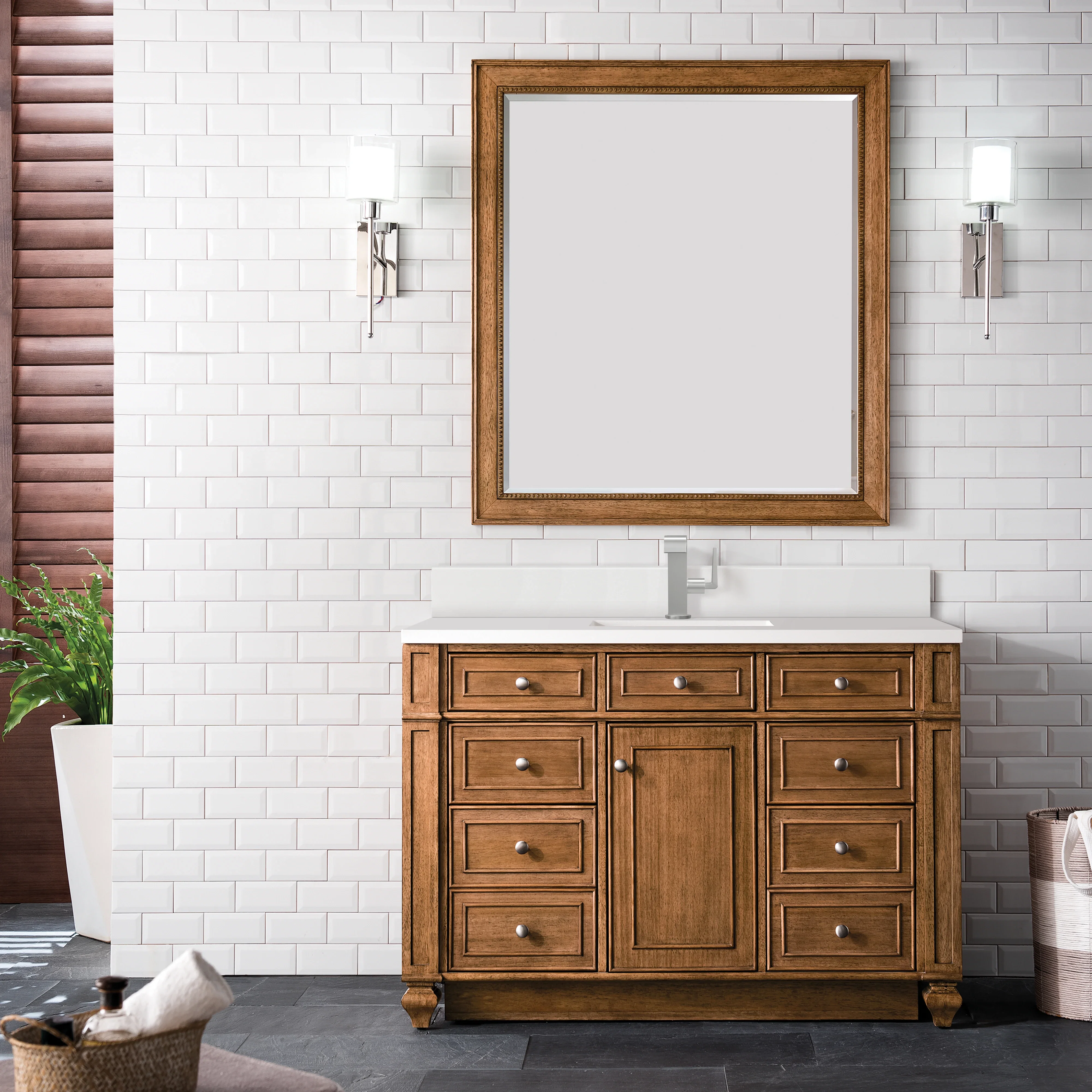 Bristol 48" Single Vanity, Saddle Brown w/ Single Hole 3 CM White Zeus Silestone Top & Backsplash