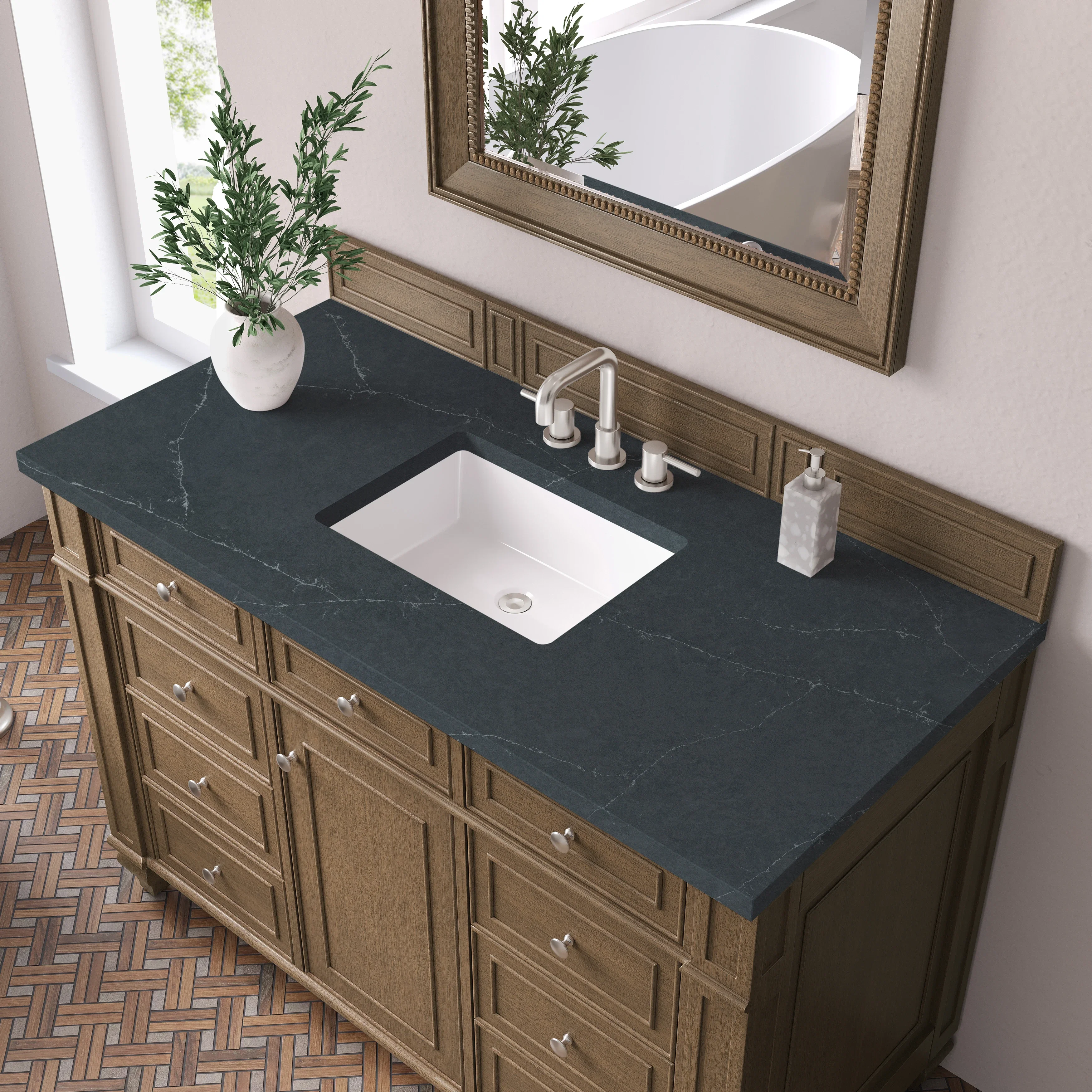 Bristol 48" Single Vanity, Saddle Brown w/ 3 CM Charcoal Soapstone Silestone Top