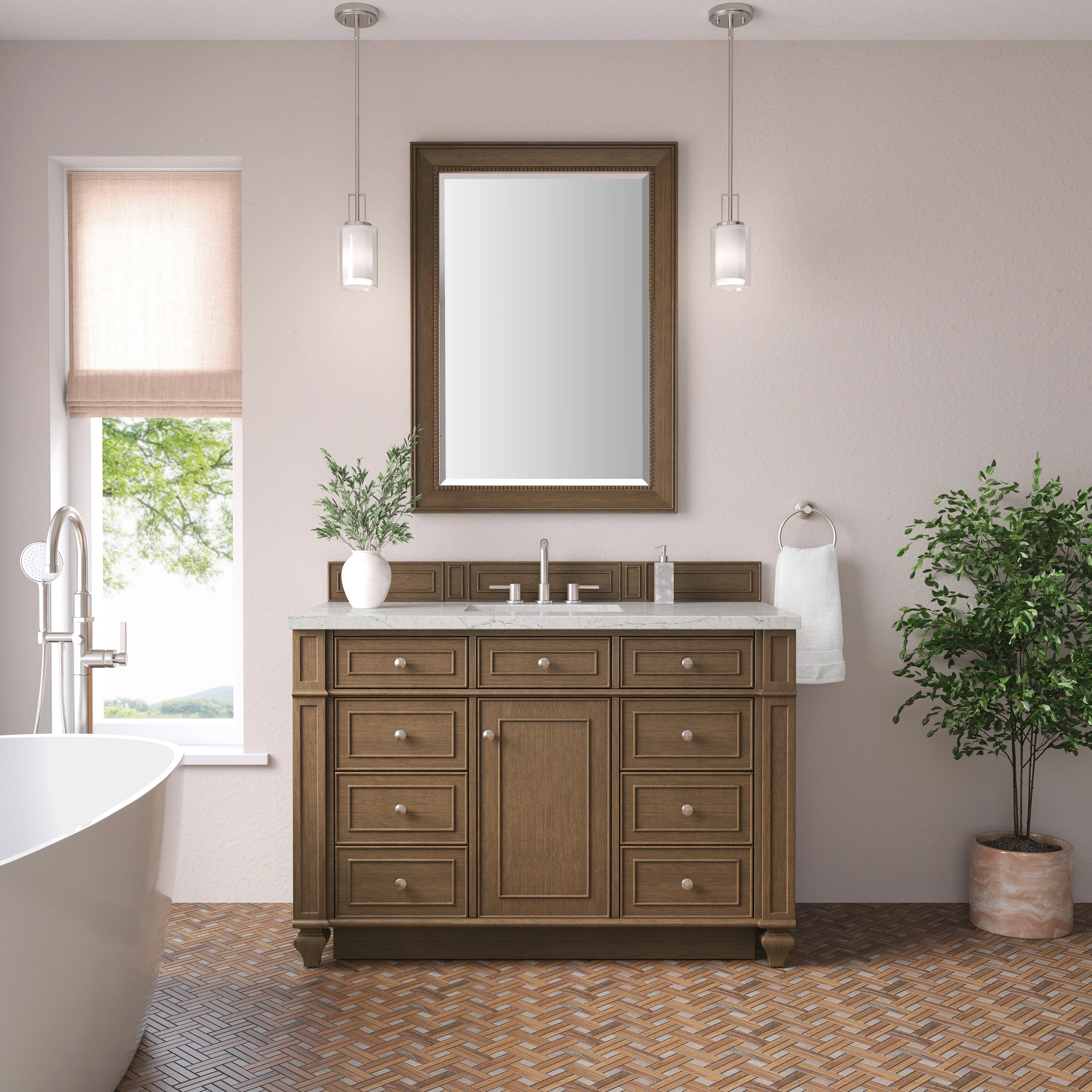 Bristol 48" Single Vanity, Saddle Brown w/ 3 CM Eternal Jasmine Pearl Silestone Top
