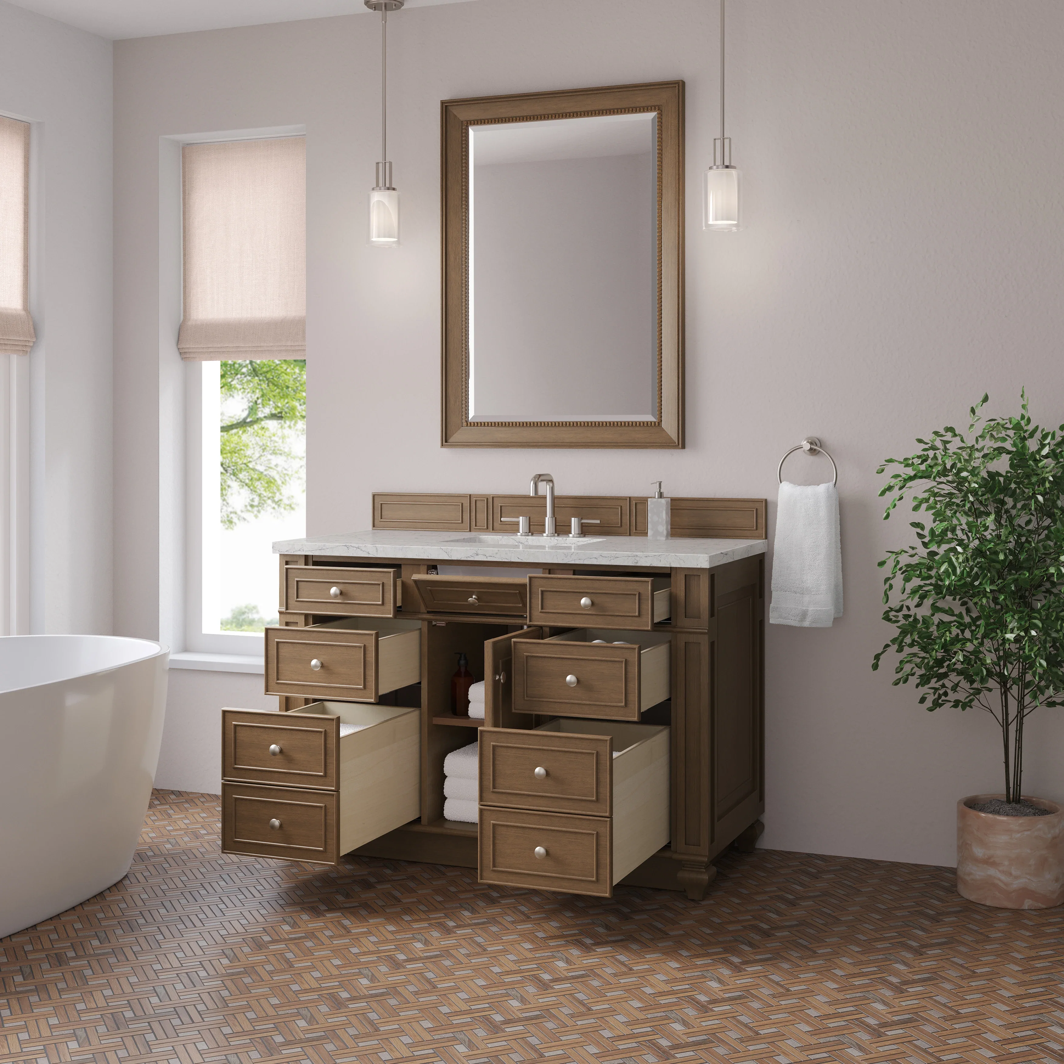 Bristol 48" Single Vanity, Saddle Brown w/ 3 CM Eternal Jasmine Pearl Silestone Top