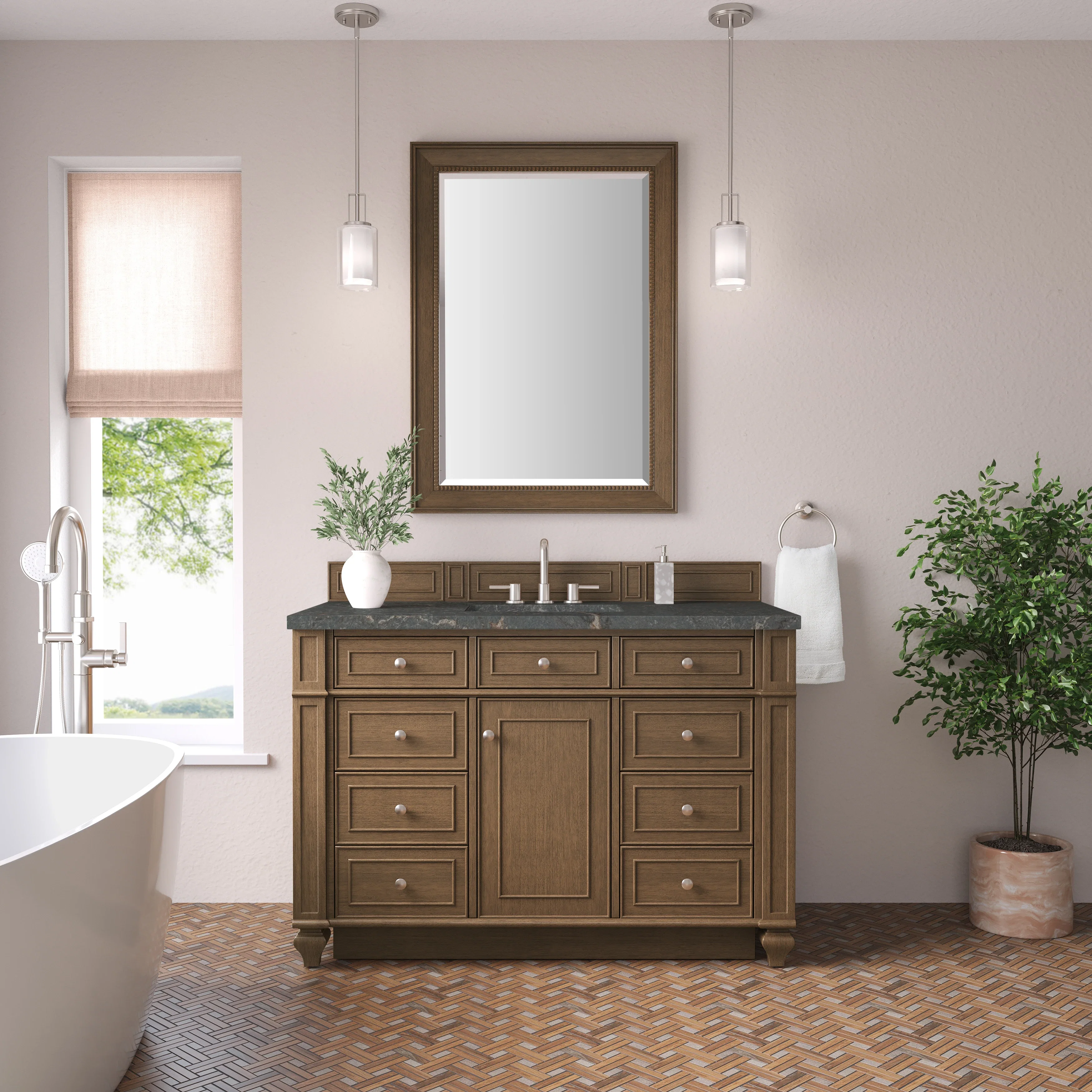 Bristol 48" Single Vanity, Saddle Brown w/ 3 CM Parisien Bleu Silestone Top