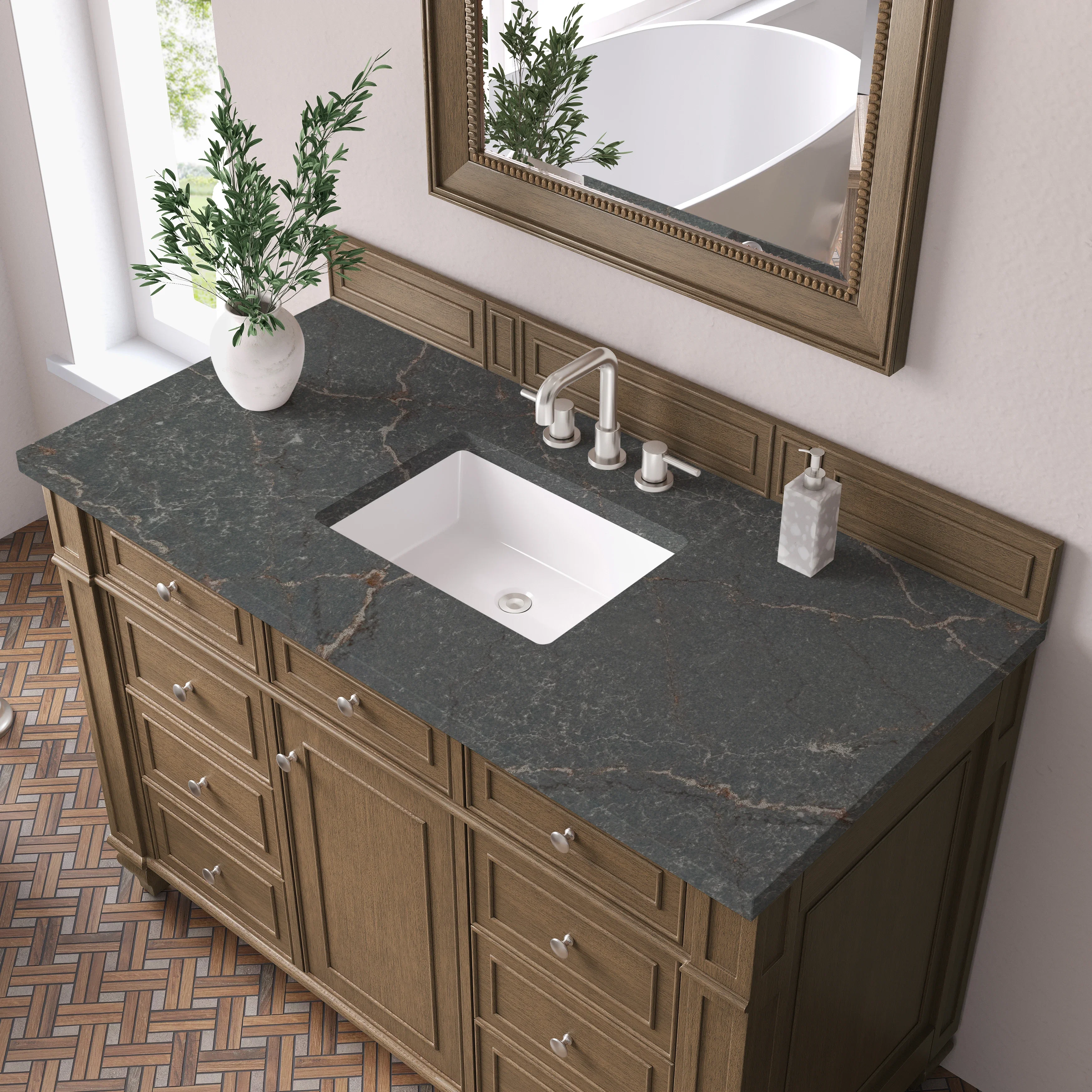 Bristol 48" Single Vanity, Saddle Brown w/ 3 CM Parisien Bleu Silestone Top