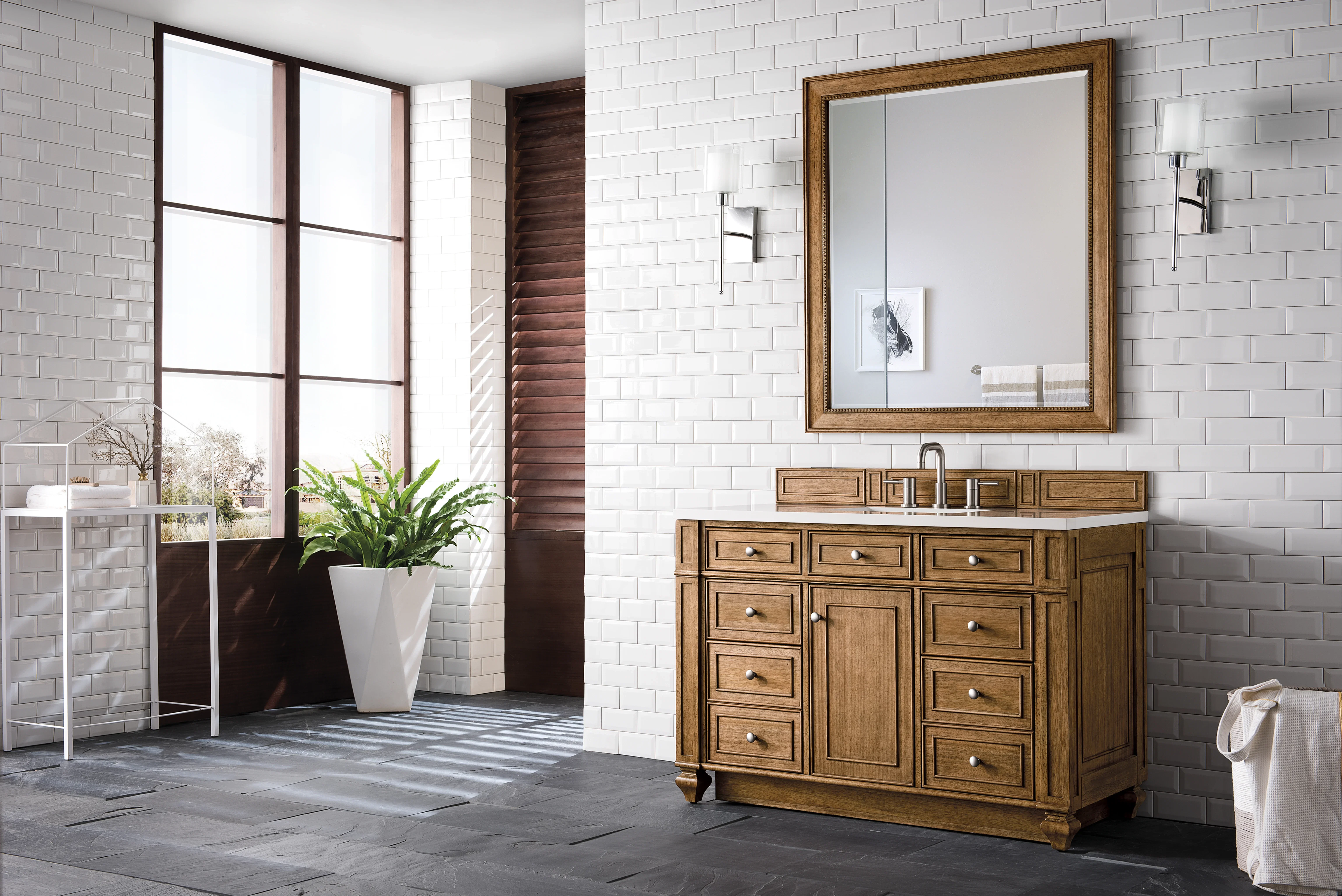 Bristol 48" Single Vanity, Saddle Brown w/ 3 CM White Zeus Silestone Top