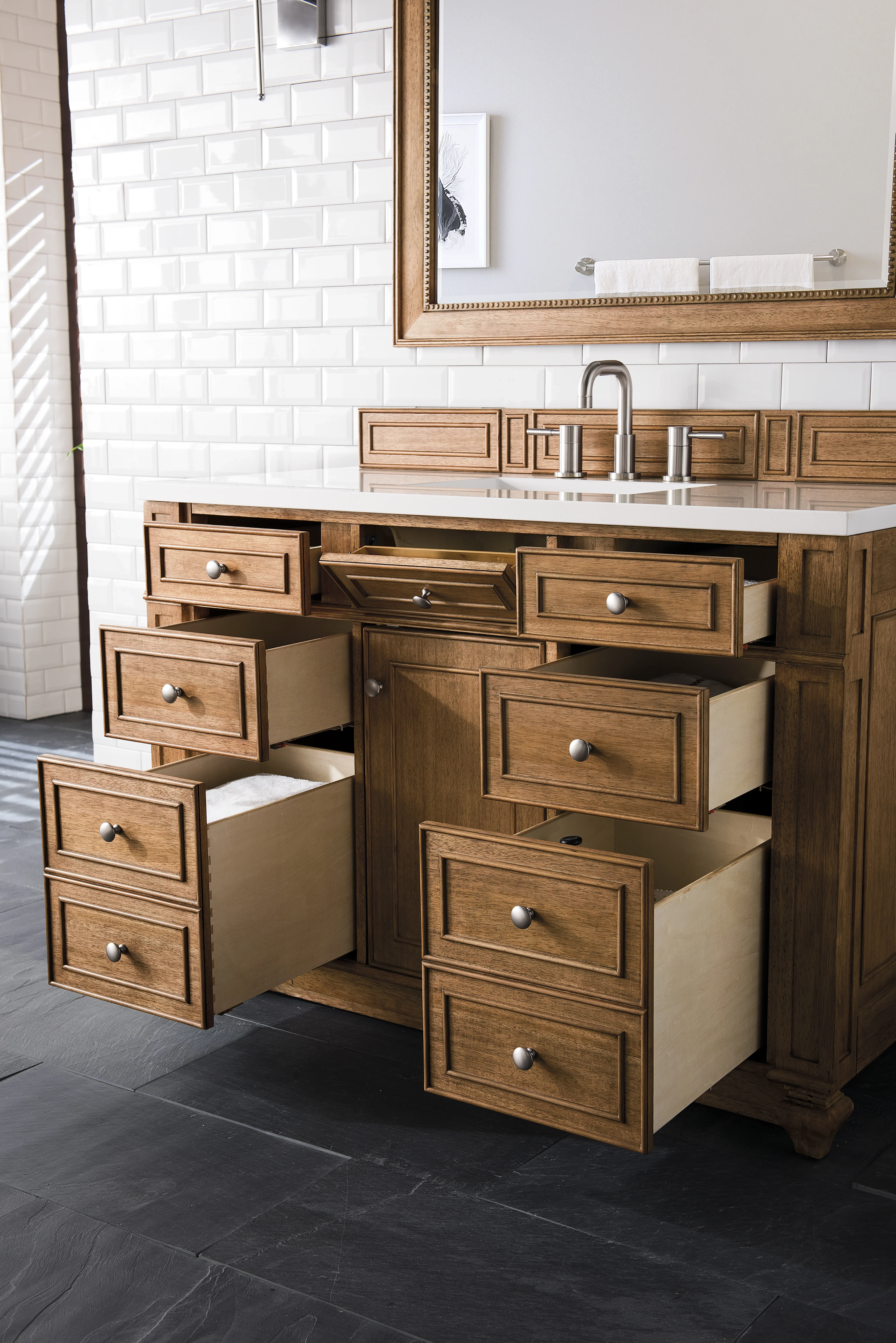 Bristol 48" Single Vanity, Saddle Brown w/ 3 CM White Zeus Silestone Top