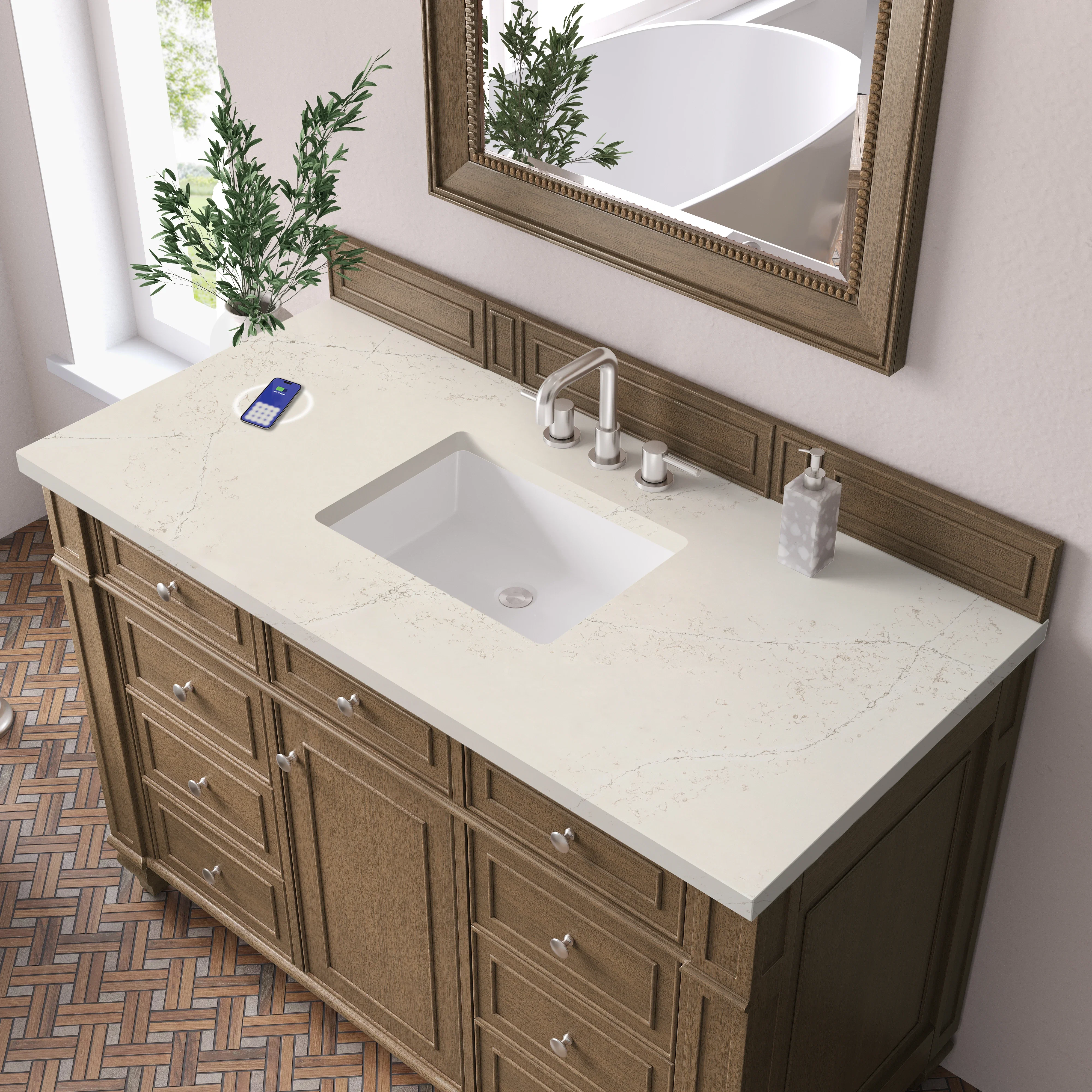Bristol 48" Single Vanity, Saddle Brown, w/ 3 CM Siberian Silestone Top w/FreePower Wireless Charger
