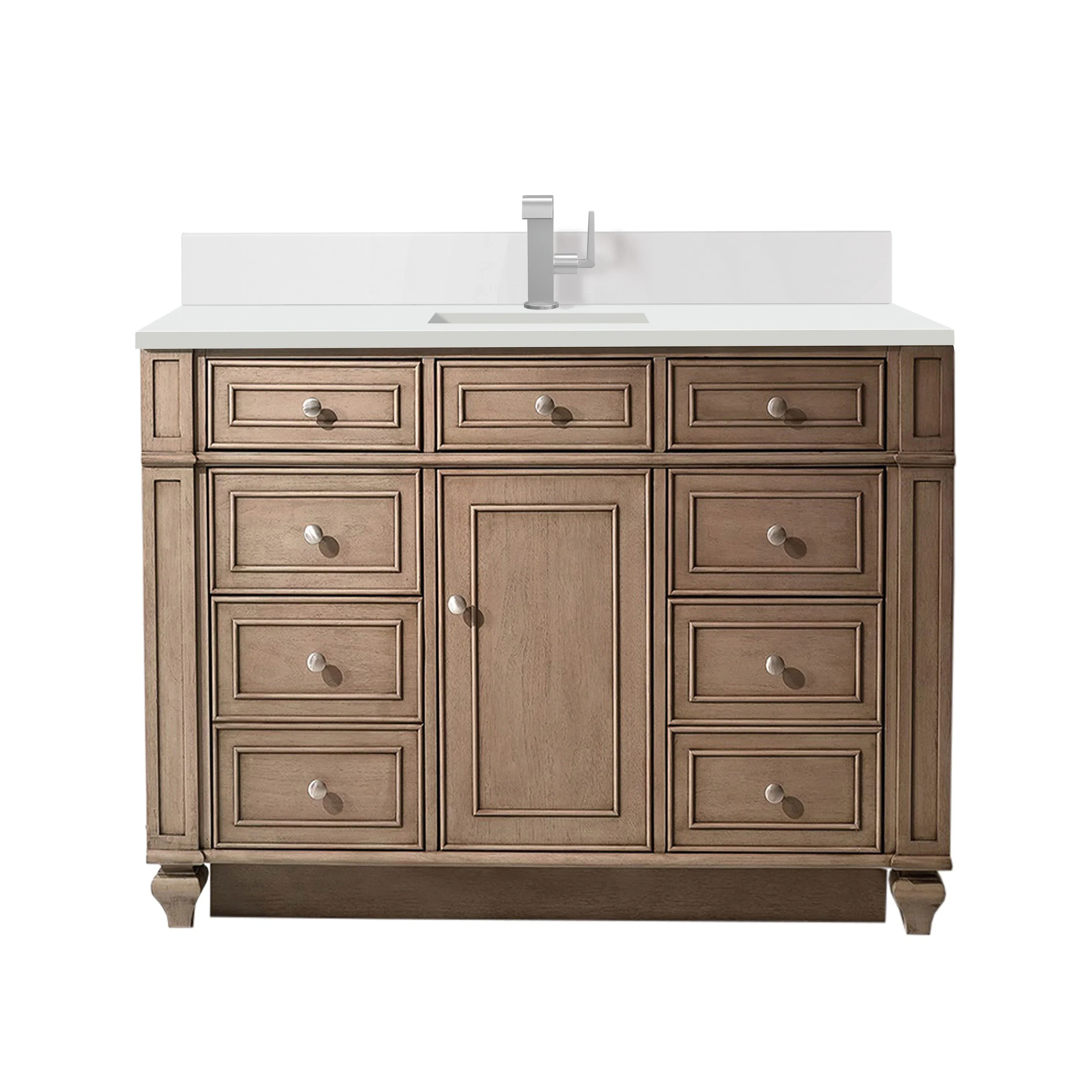 Bristol 48" Single Vanity, Whitewashed Walnut w/ Single Hole 3 CM White Zeus Silestone Top & Backsplash