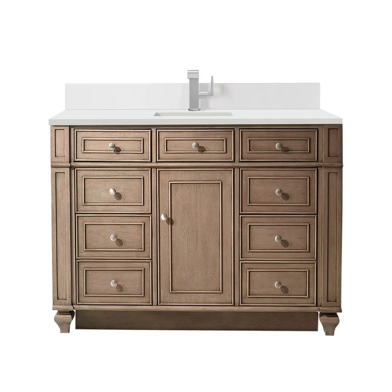 Bristol 48" Single Vanity, Whitewashed Walnut w/ Single Hole 3 CM White Zeus Silestone Top & Backsplash