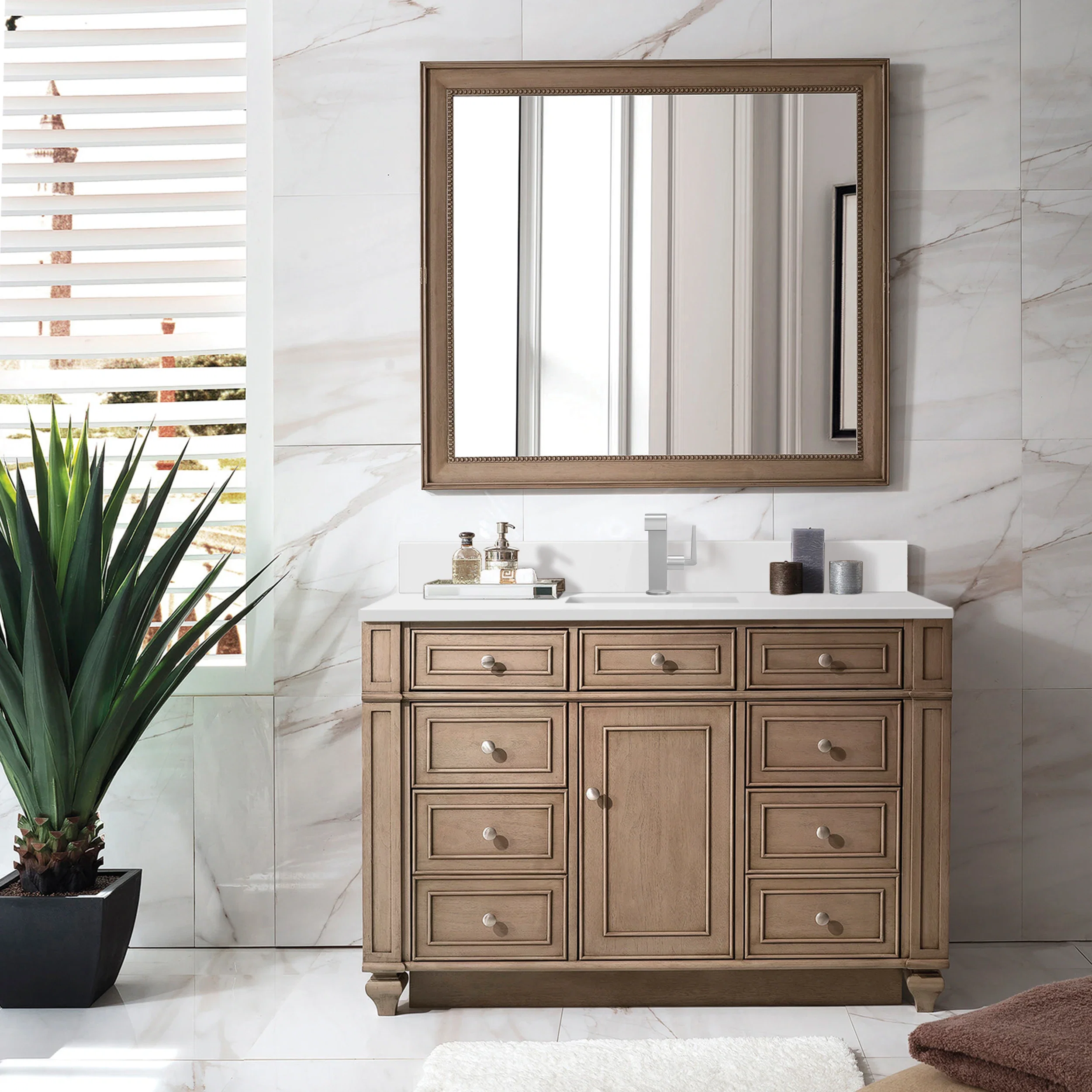 Bristol 48" Single Vanity, Whitewashed Walnut w/ Single Hole 3 CM White Zeus Silestone Top & Backsplash