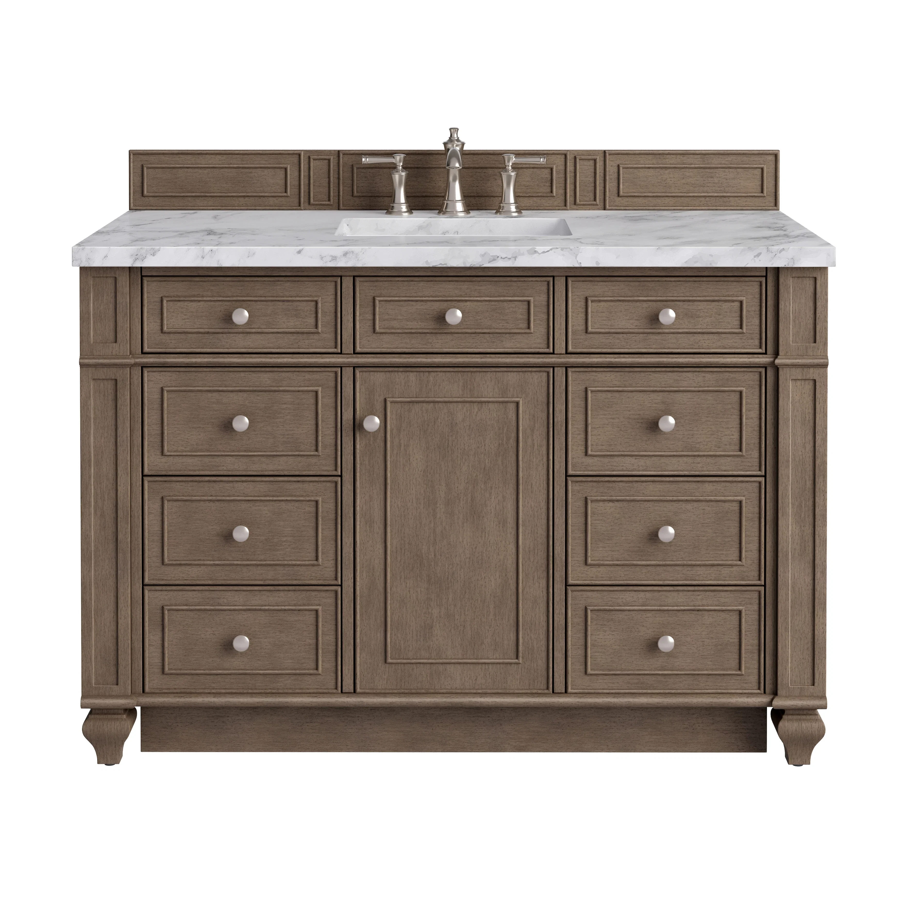 Bristol 48" Single Vanity, Whitewashed Walnut w/ 3 CM Carrara Marble Top