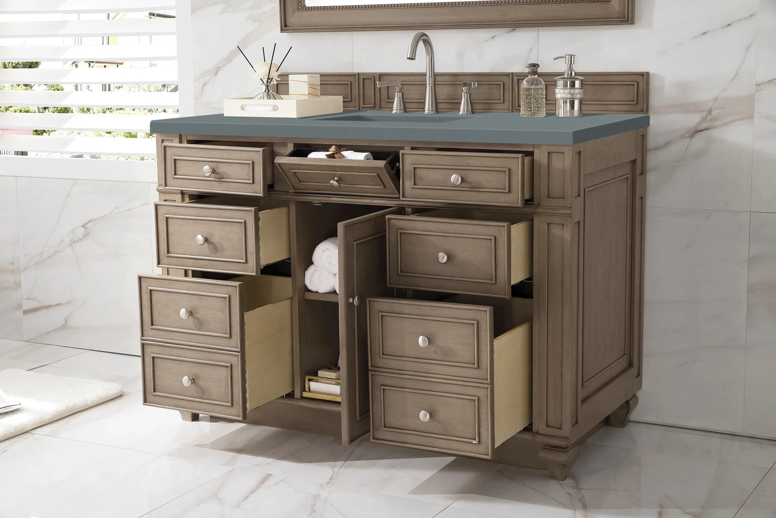 Bristol 48" Single Vanity, Whitewashed Walnut w/ 3 CM Cala Blue Silestone Top